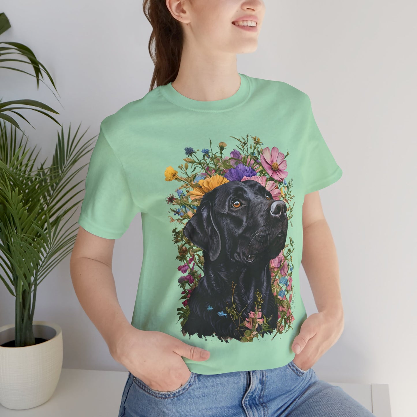 Black Lab Floral Short Sleeve Tee | Dog Lover Gift, Pet Memorial, Mother's Day Gift, Nature Lover Apparel, Casual Wear