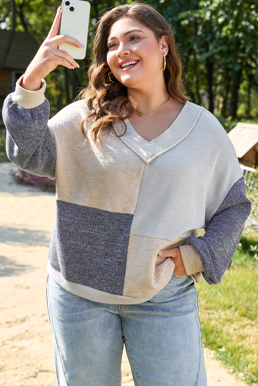 Plus Size Textured Patchwork Long Sleeve V-Neck Top