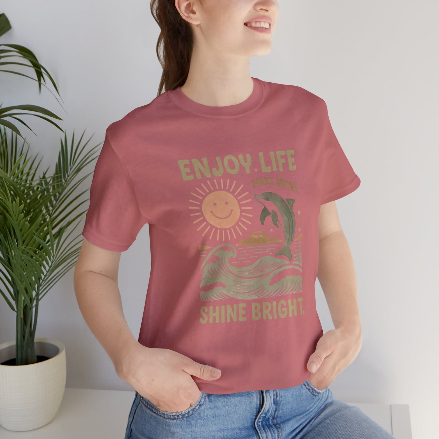 Enjoy Life Short Sleeve Tee - Retro Beach Vibes, Summer Style, Perfect Gift, Casual Wear, Dolphin Design, Fun Shirt