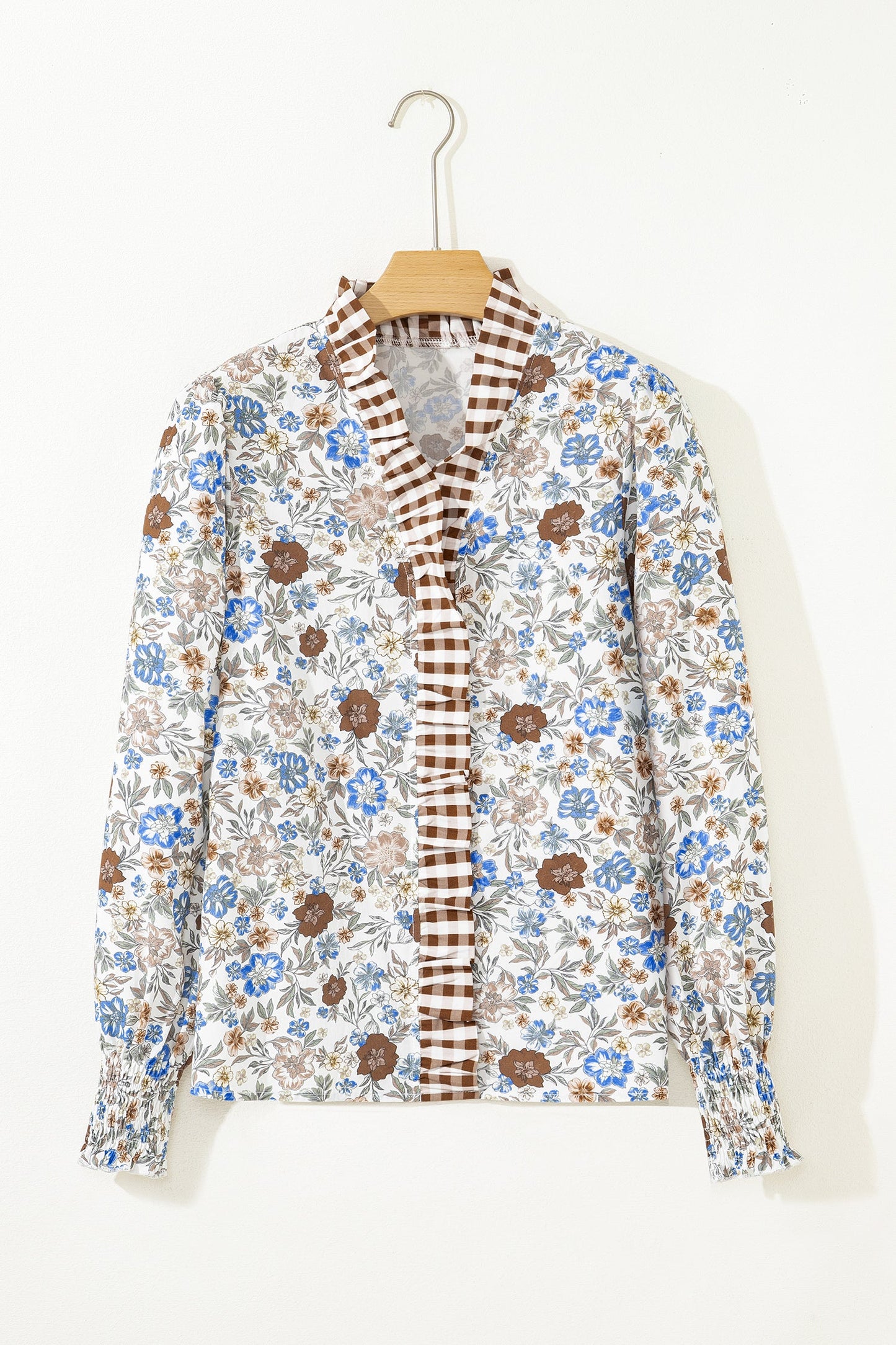 Floral Plaid Frilled Trim Long Sleeve Blouse