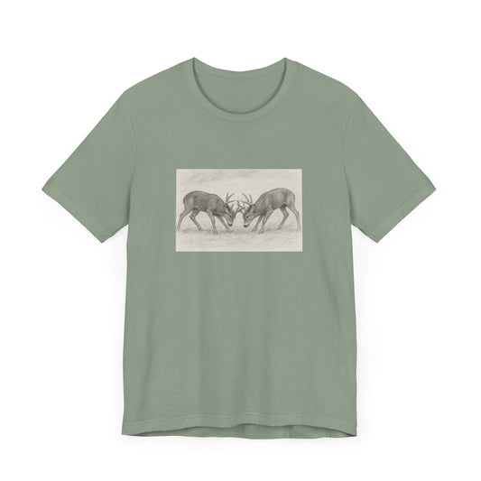 Nature-Inspired Bucks Sparing Unisex Tee with Stag Design, Wilderness Shirt, Forest Lover Gift, Adventure Tee, Unique Outdoor Apparel