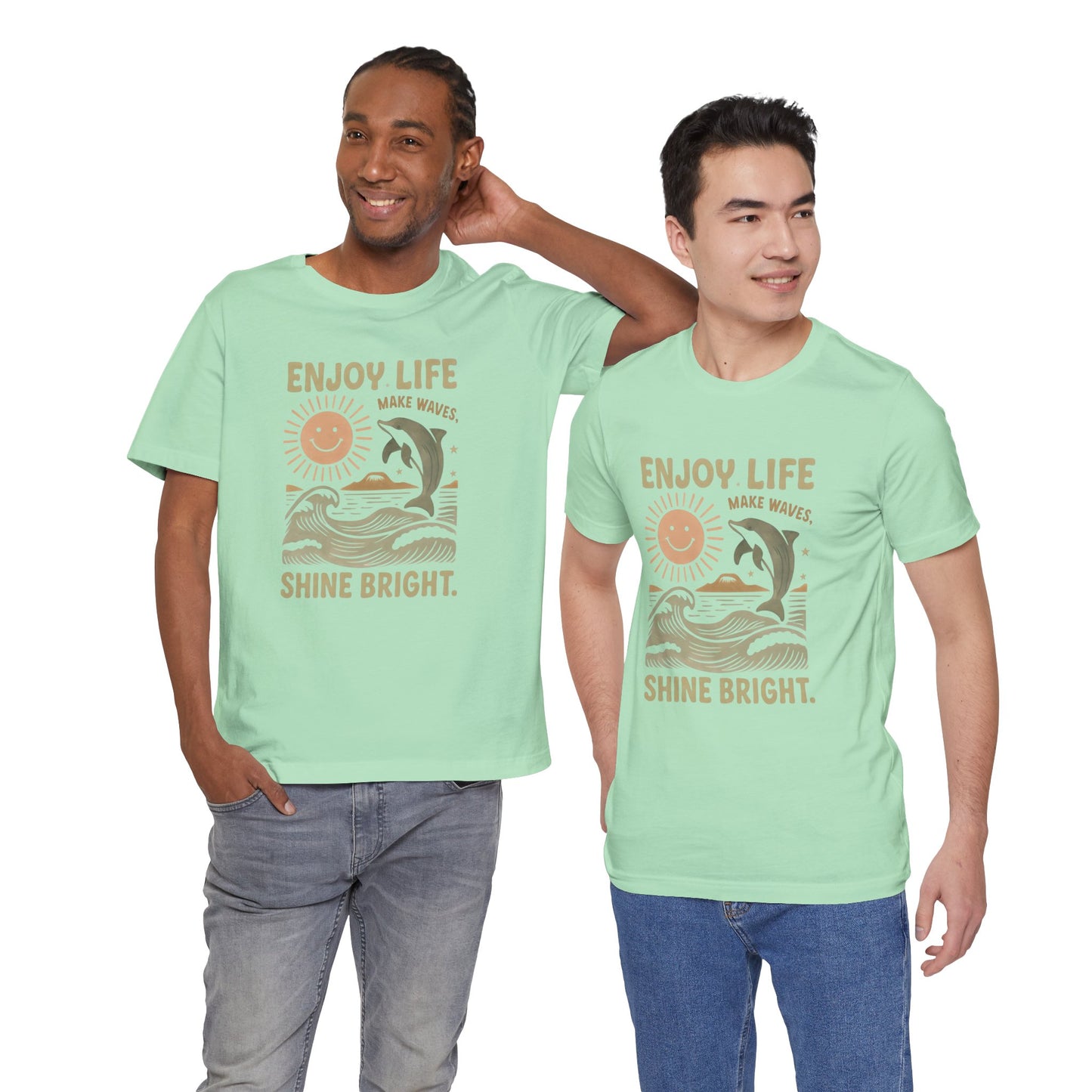 Enjoy Life Short Sleeve Tee - Retro Beach Vibes, Summer Style, Perfect Gift, Casual Wear, Dolphin Design, Fun Shirt