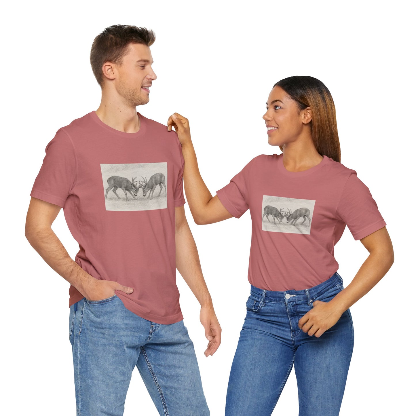 Nature-Inspired Bucks Sparing Unisex Tee with Stag Design, Wilderness Shirt, Forest Lover Gift, Adventure Tee, Unique Outdoor Apparel
