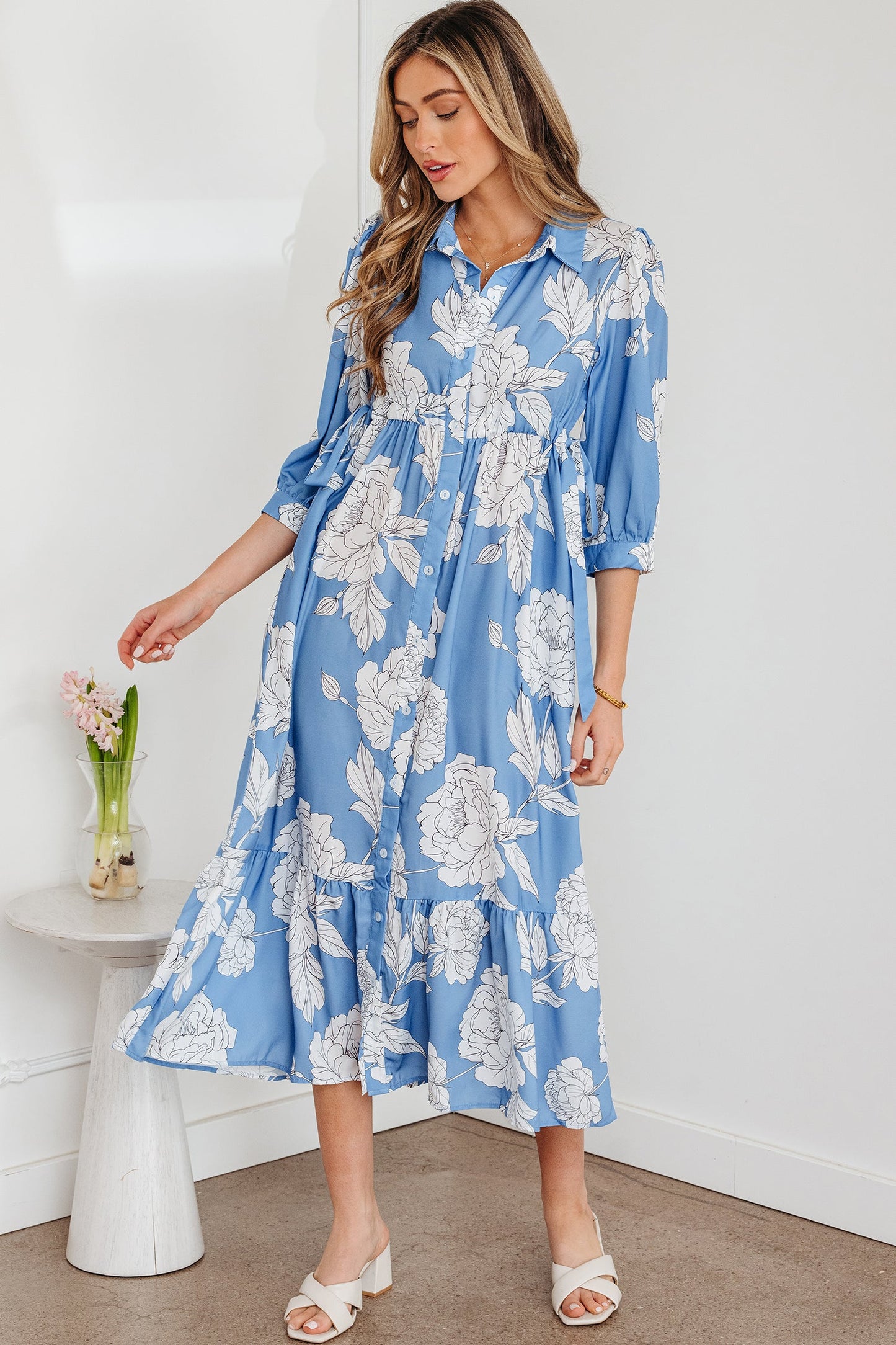 Floral Button-Front 3/4 Sleeve Ruffle Hem Dress