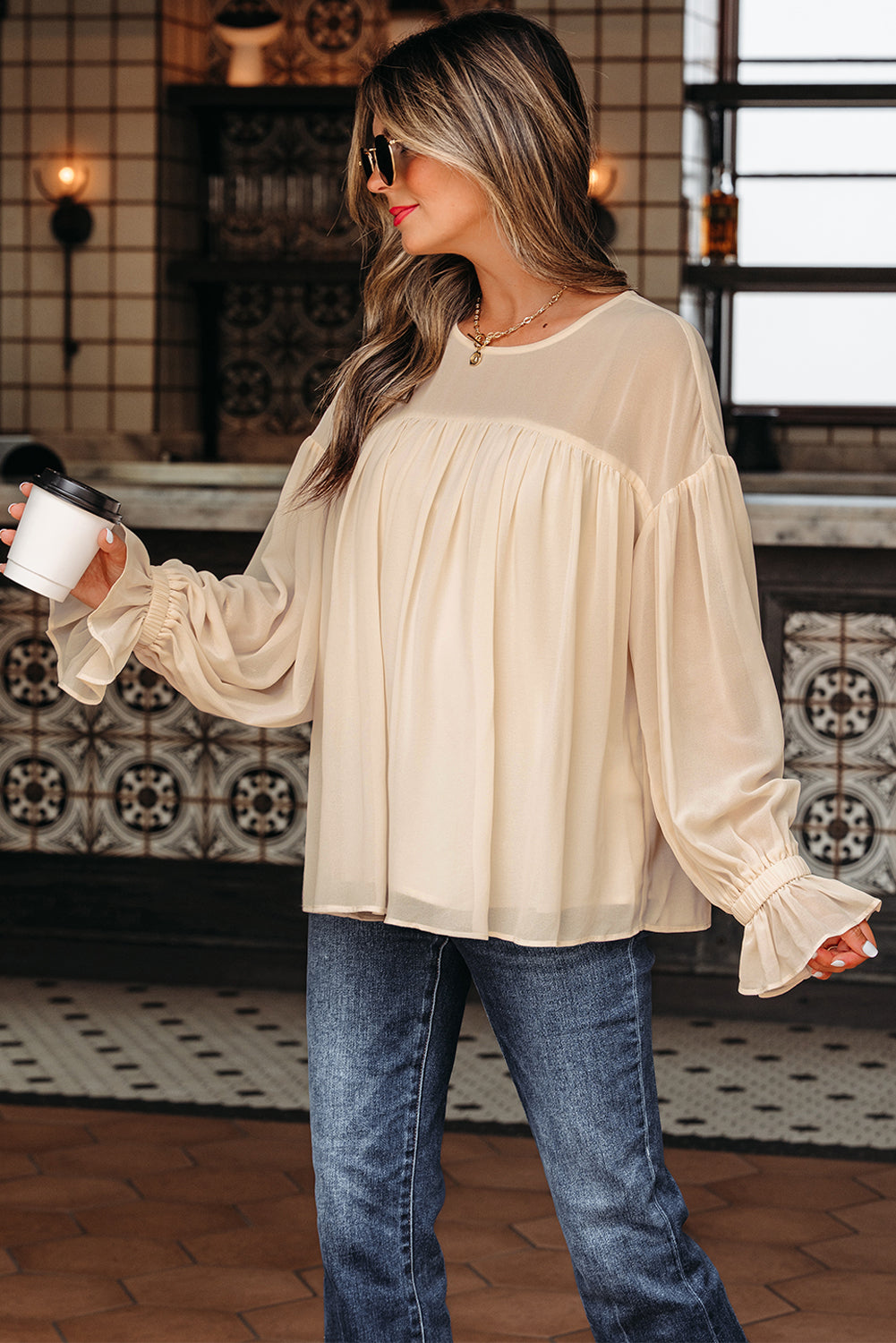 Solid Chiffon Pleated Ruffle Long Sleeve Blouse