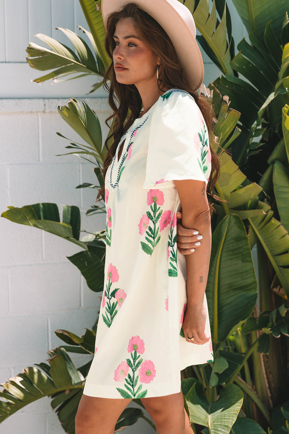 Floral Short Sleeve Split Neck Mini Dress