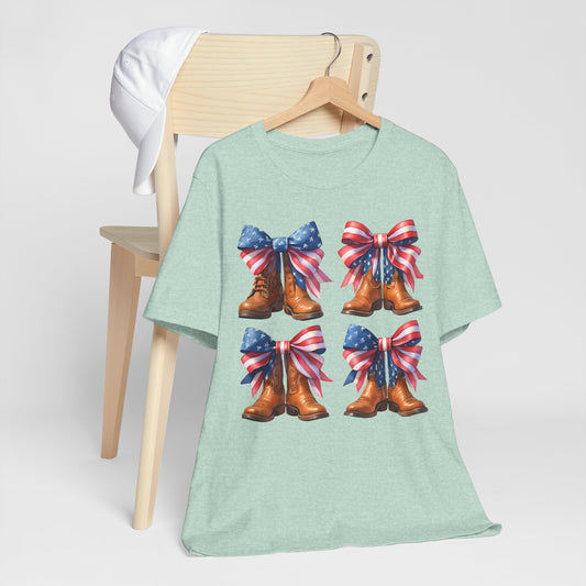 T-Shirt American Cowboy Boot with American Flags Patriotic Tee