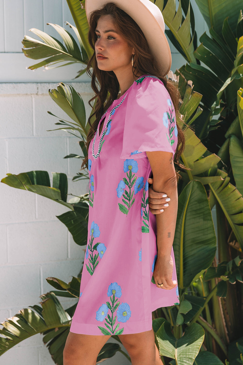 Floral Short Sleeve Split Neck Mini Dress