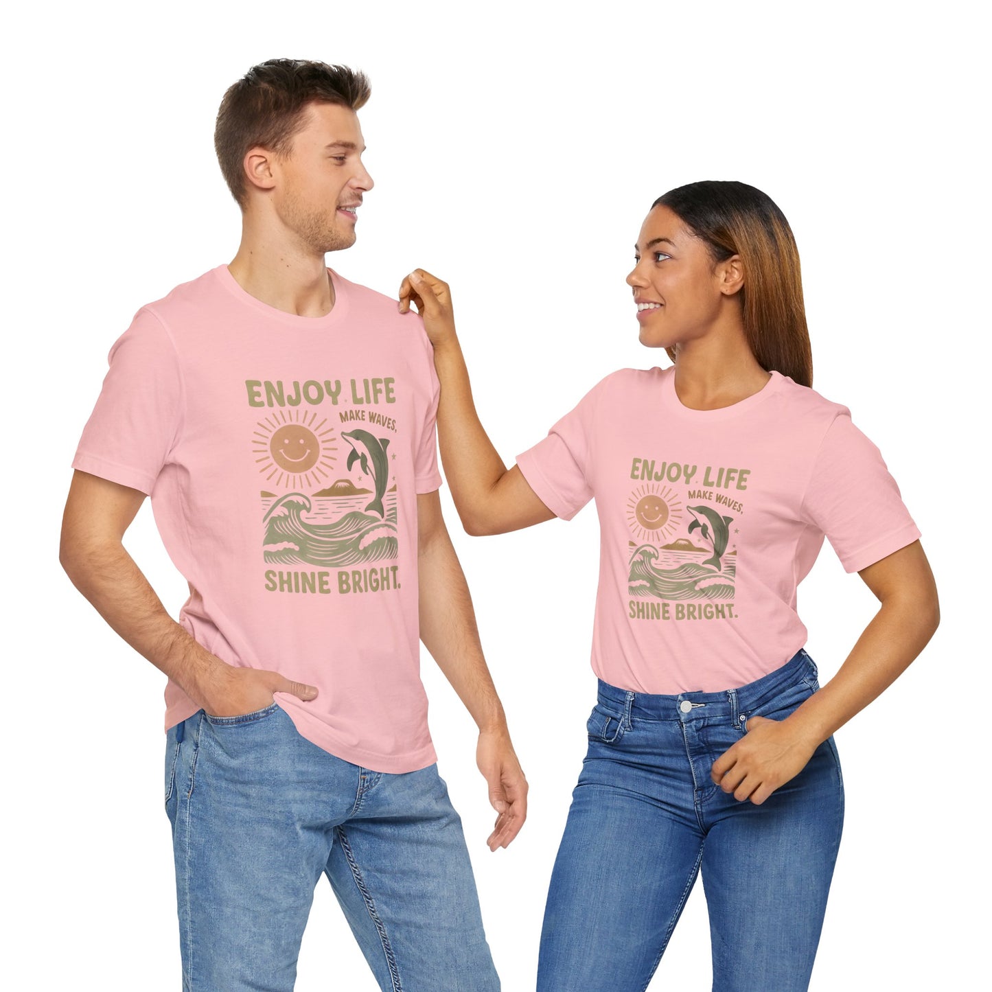 Enjoy Life Short Sleeve Tee - Retro Beach Vibes, Summer Style, Perfect Gift, Casual Wear, Dolphin Design, Fun Shirt
