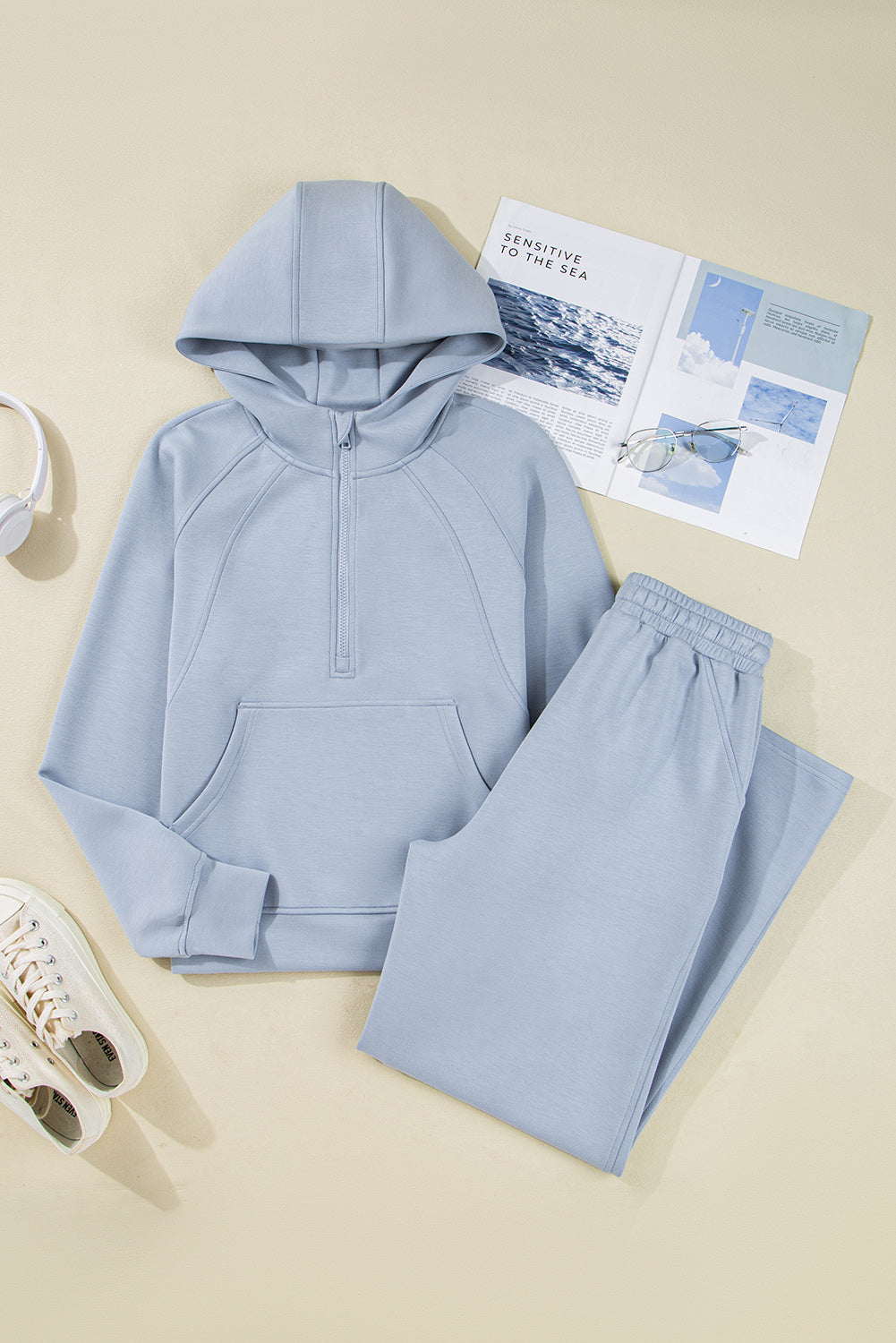 Solid Half-Zip Hoodie and Pants Set