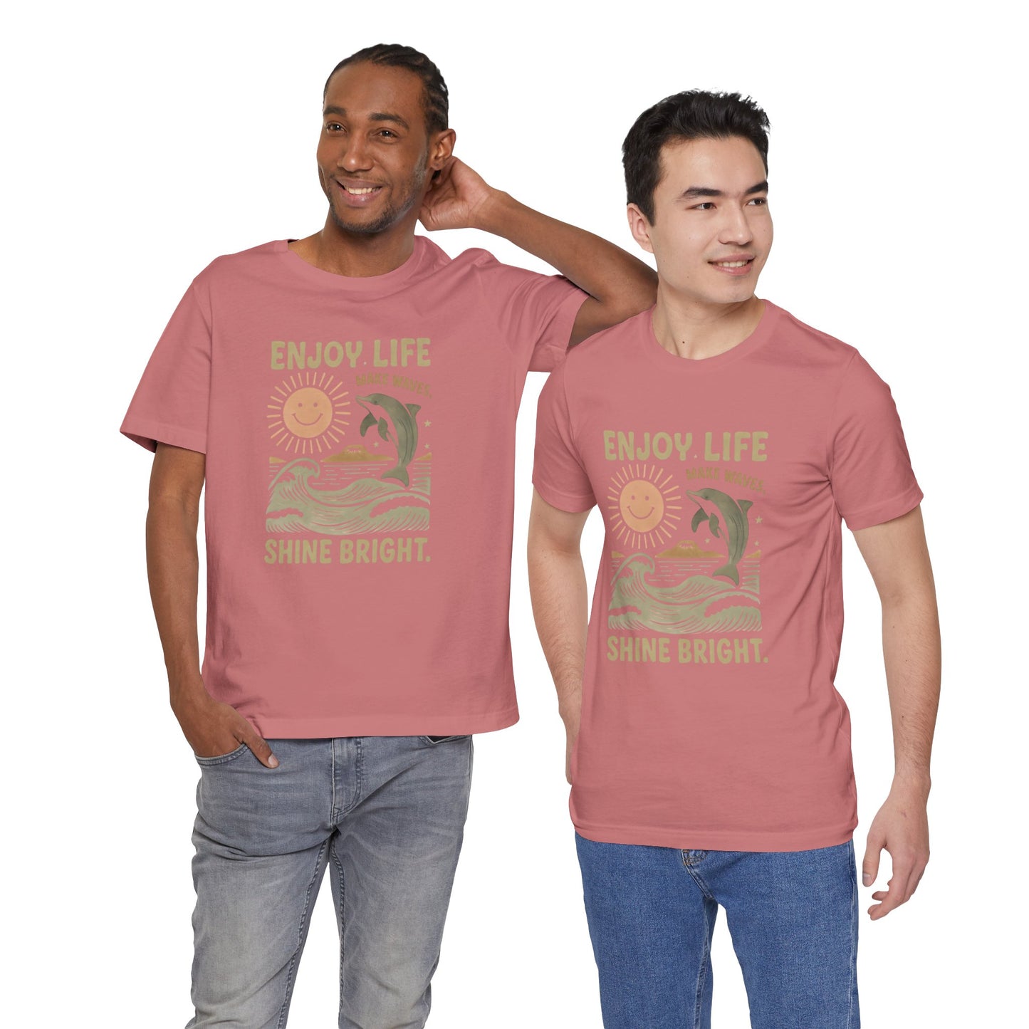 Enjoy Life Short Sleeve Tee - Retro Beach Vibes, Summer Style, Perfect Gift, Casual Wear, Dolphin Design, Fun Shirt
