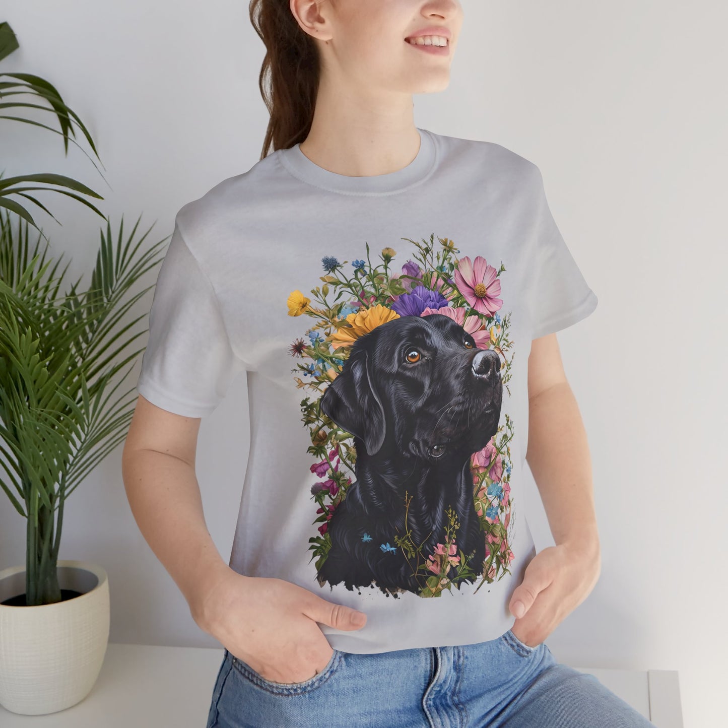 Black Lab Floral Short Sleeve Tee | Dog Lover Gift, Pet Memorial, Mother's Day Gift, Nature Lover Apparel, Casual Wear