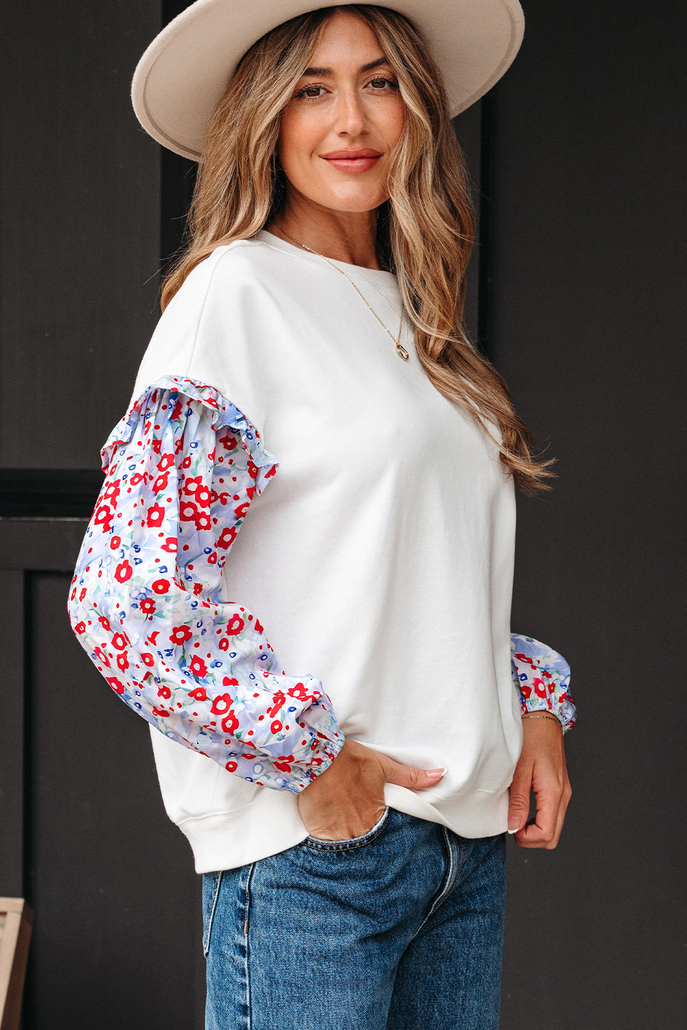 Floral Patchwork Ruffle Balloon Sleeve Blouse