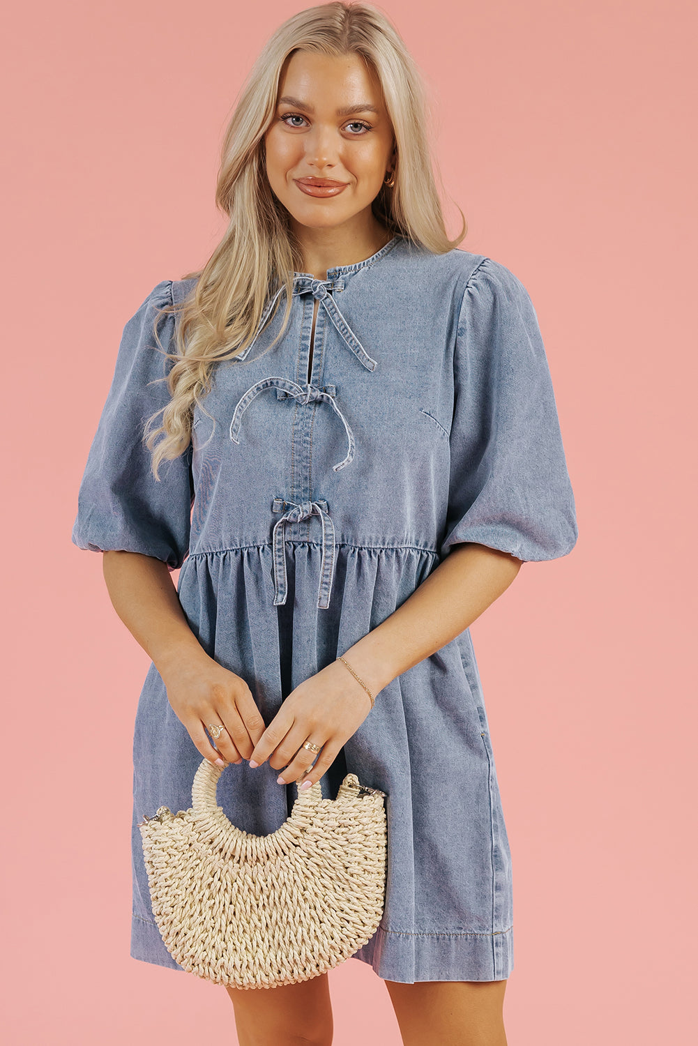 Denim Bow Bubble Sleeve Mini Dress