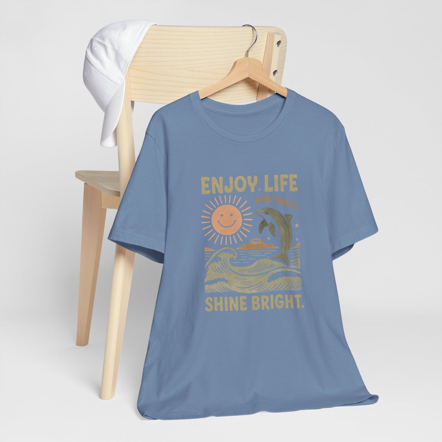 Enjoy Life Short Sleeve Tee - Retro Beach Vibes, Summer Style, Perfect Gift, Casual Wear, Dolphin Design, Fun Shirt