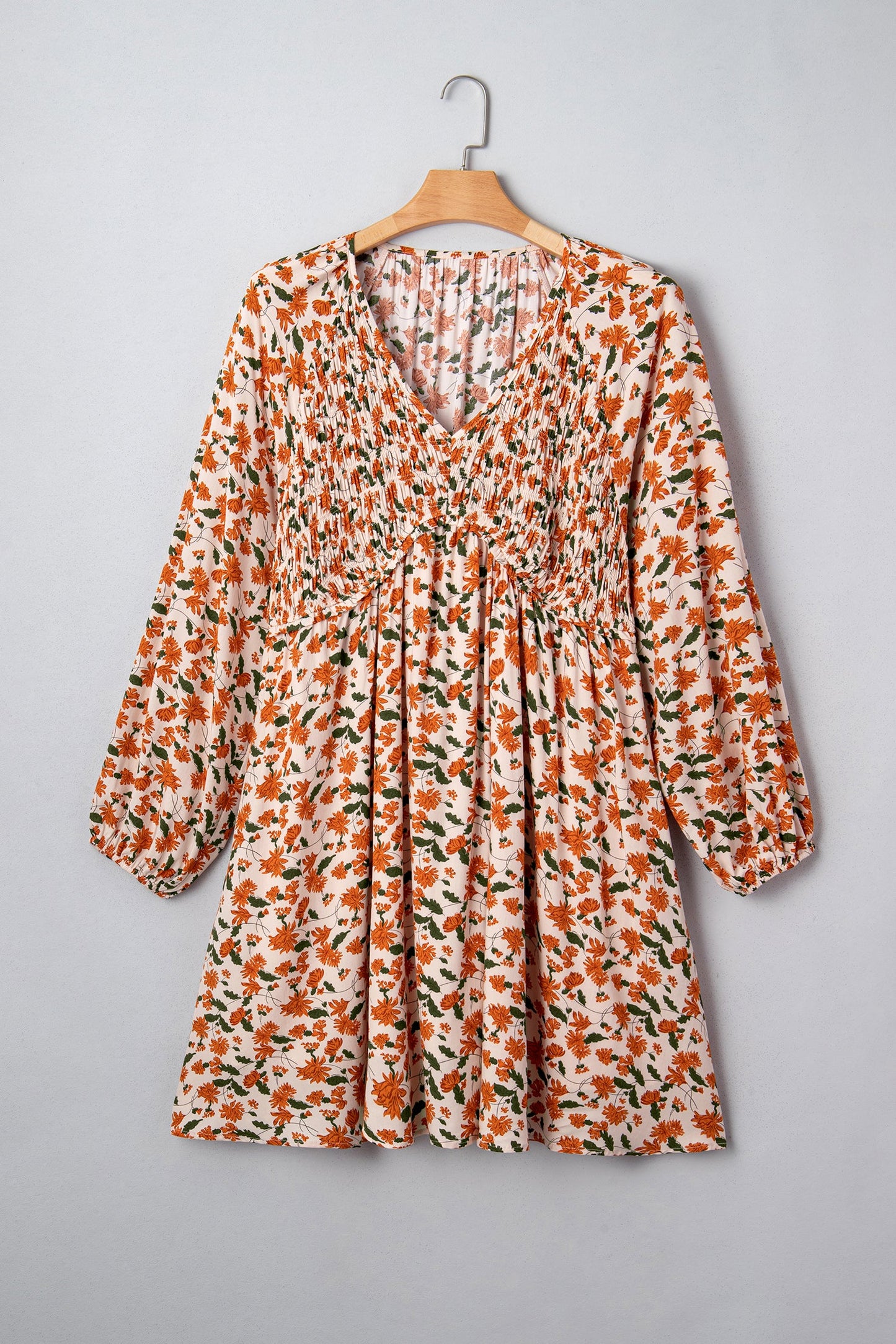 Plus Size Floral Long Sleeve V-Neck Babydoll Dress