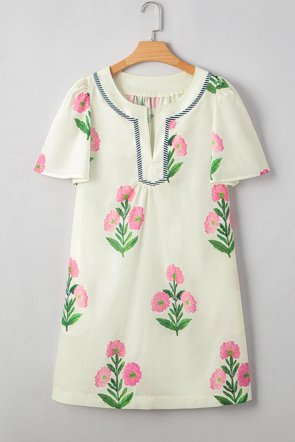 Floral Short Sleeve Split Neck Mini Dress