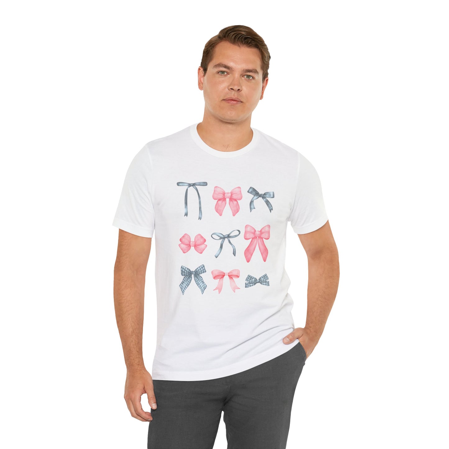 T-Shirt - Pink and Gray Bows Simple Design Unisex Jersey Short Sleeve Tee