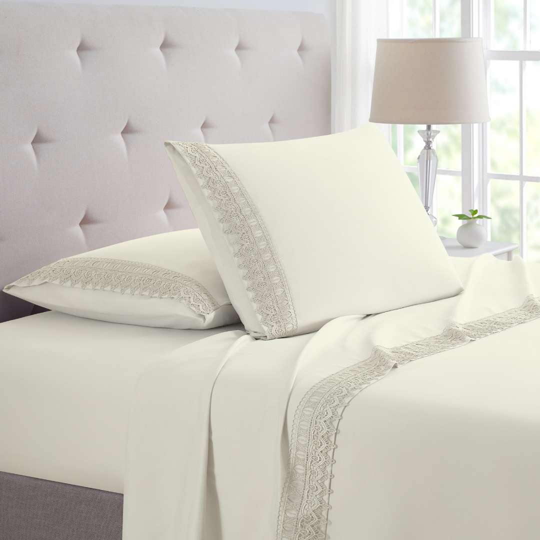 Bamboo Lace Crochet Embroidery 4 Piece Sheet Set
