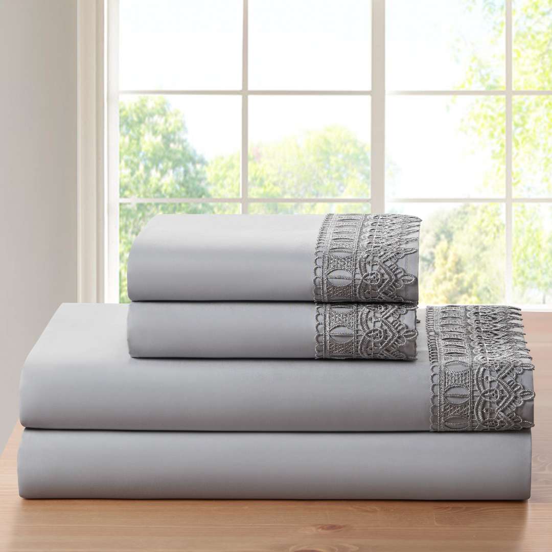 Bamboo Lace Crochet Embroidery 4 Piece Sheet Set
