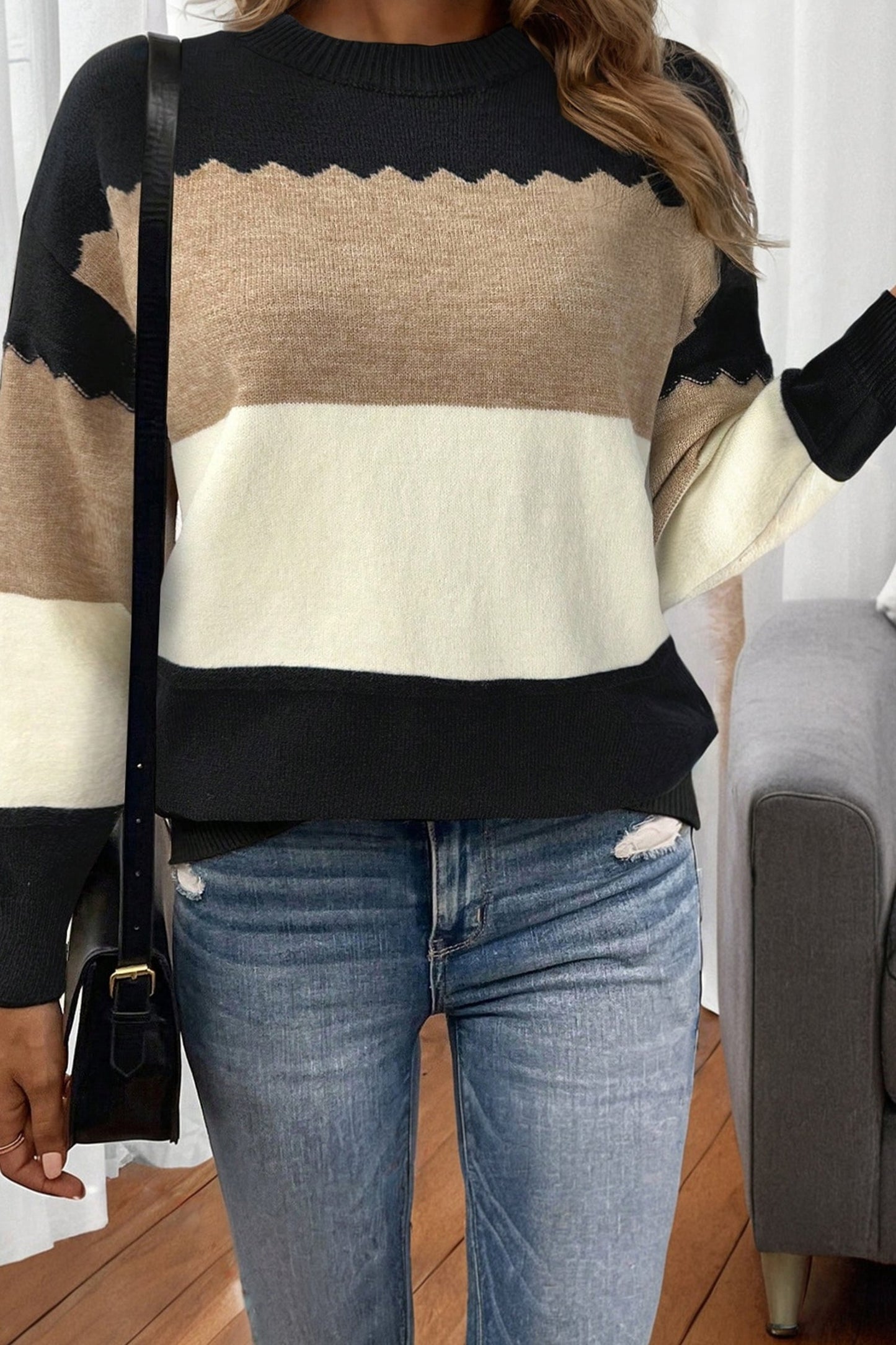 Colorblock Crew Neck Drop Shoulder Sweater