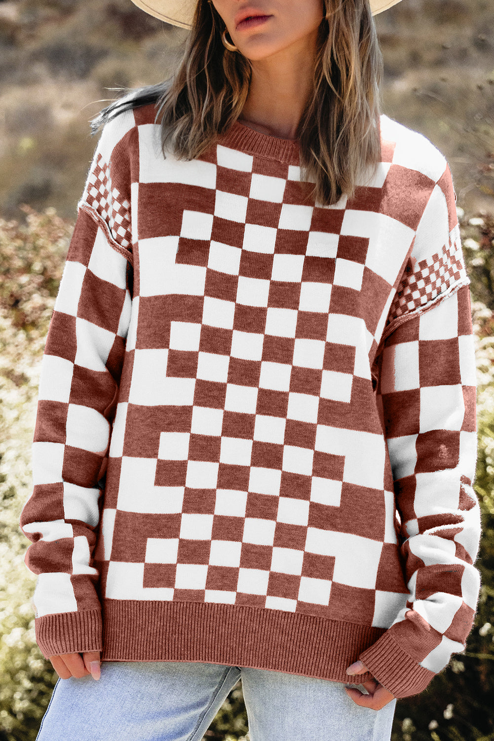 Checker Round Neck Drop Shoulder Sweater