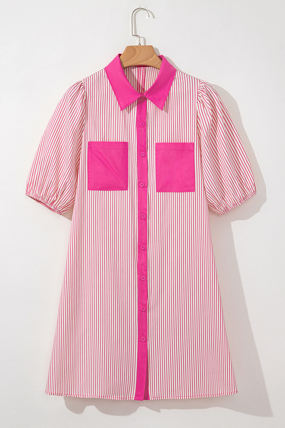Stripe Patchwork Chest Pocket Mini Shirt Dress