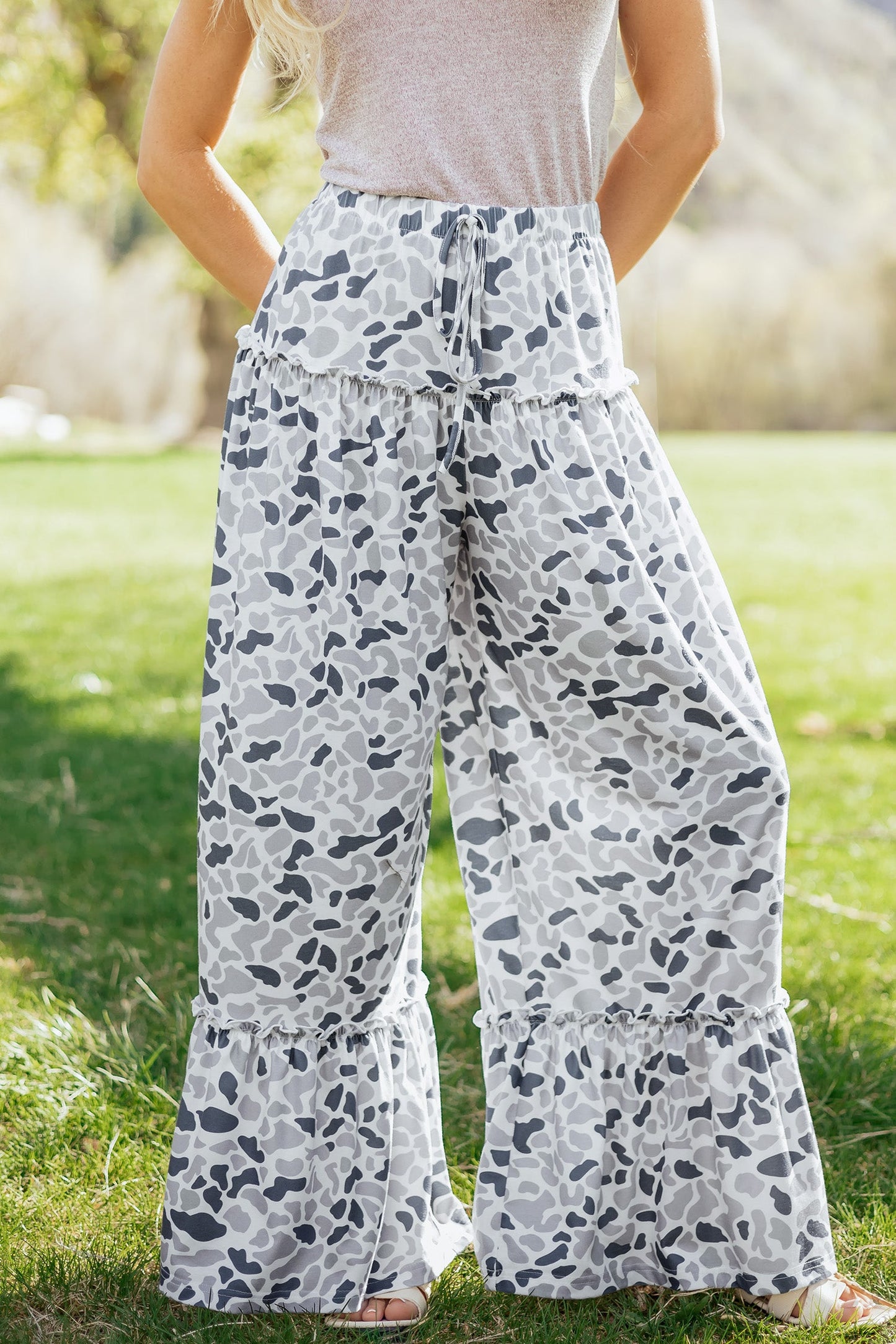 Camo Ruffle Wide Leg Drawstring Pants
