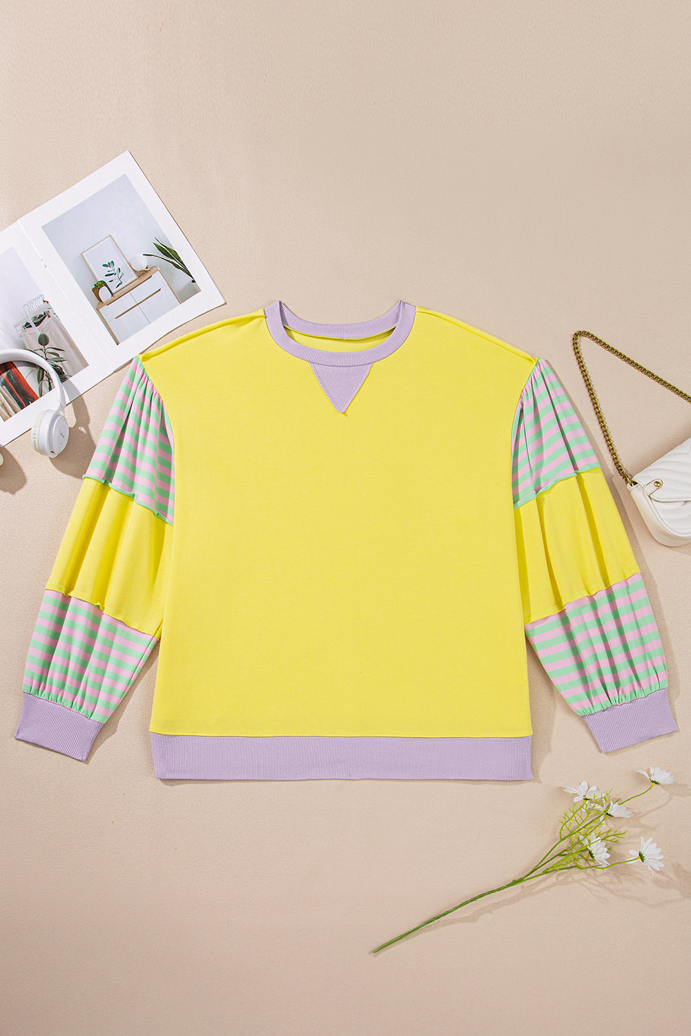 Plus Size Stripe Colorblock Patchwork Long Sleeve Crewneck Sweatshirt