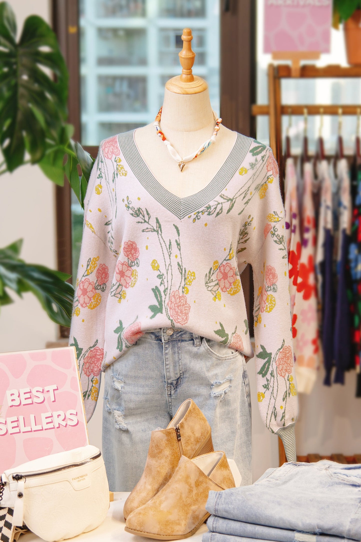 Floral Stripe Contrast V-Neck Sweater