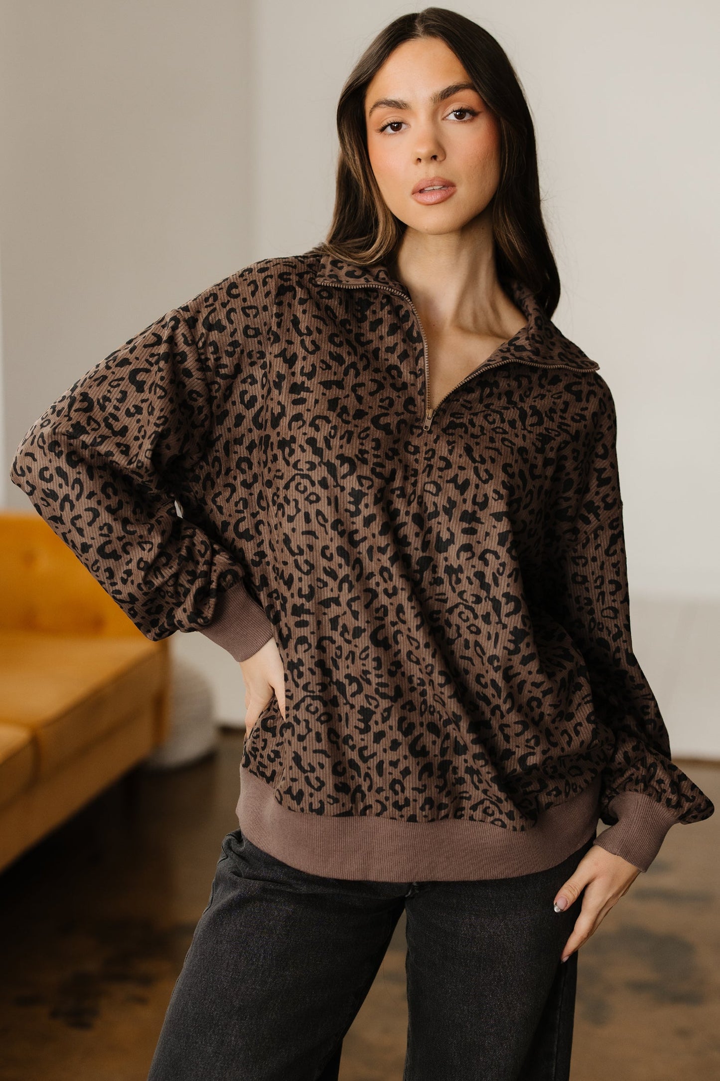 Leopard Corduroy Quarter-Zip Sweatshirt