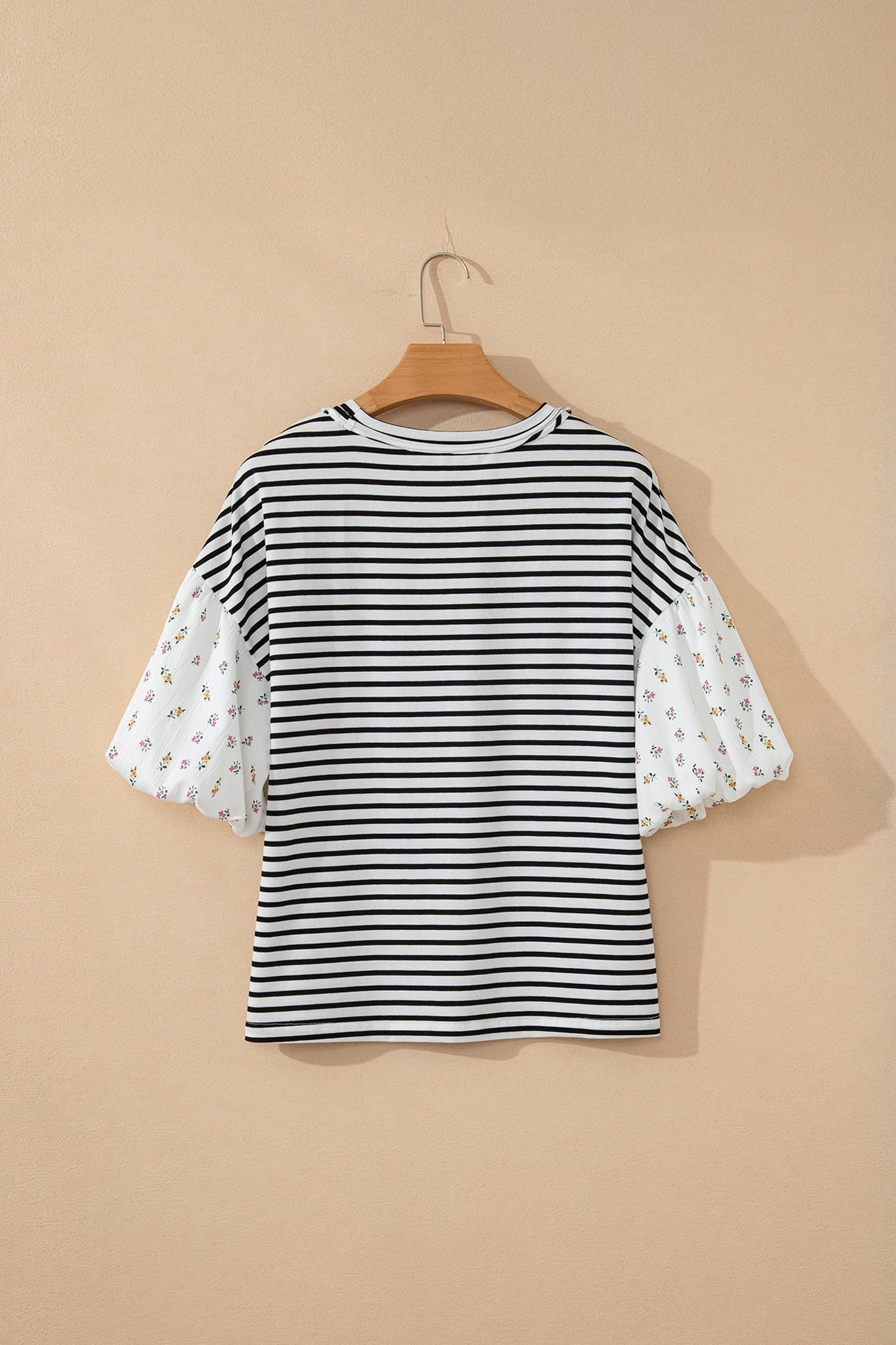 Floral Stripe Patchwork Puff Sleeve Round Neck Top