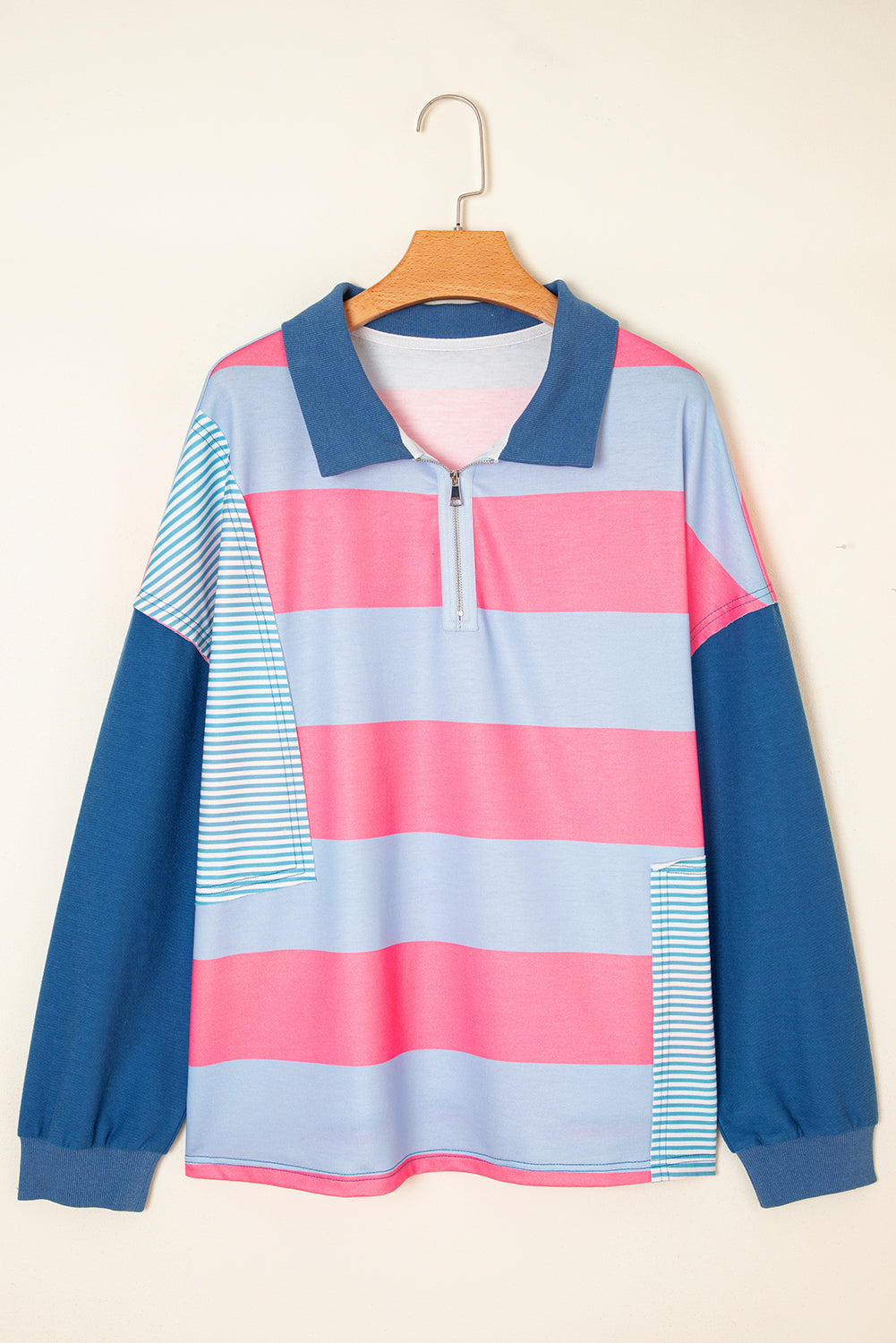 Plus Size Stripe Colorblock Patchwork Half-Zip Top