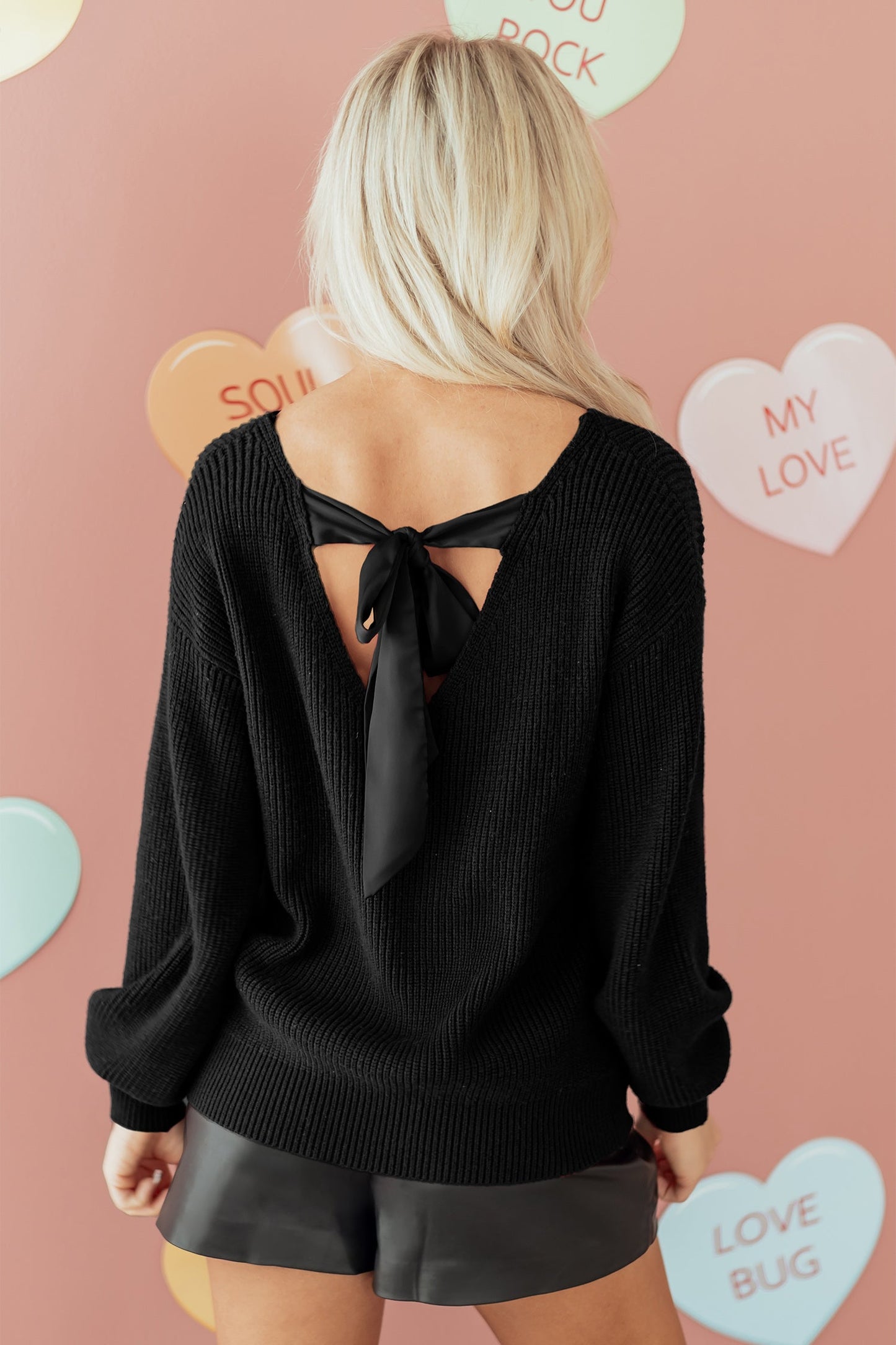 Ribbon Knot Backless Drop Shoulder Ribbed Sweater