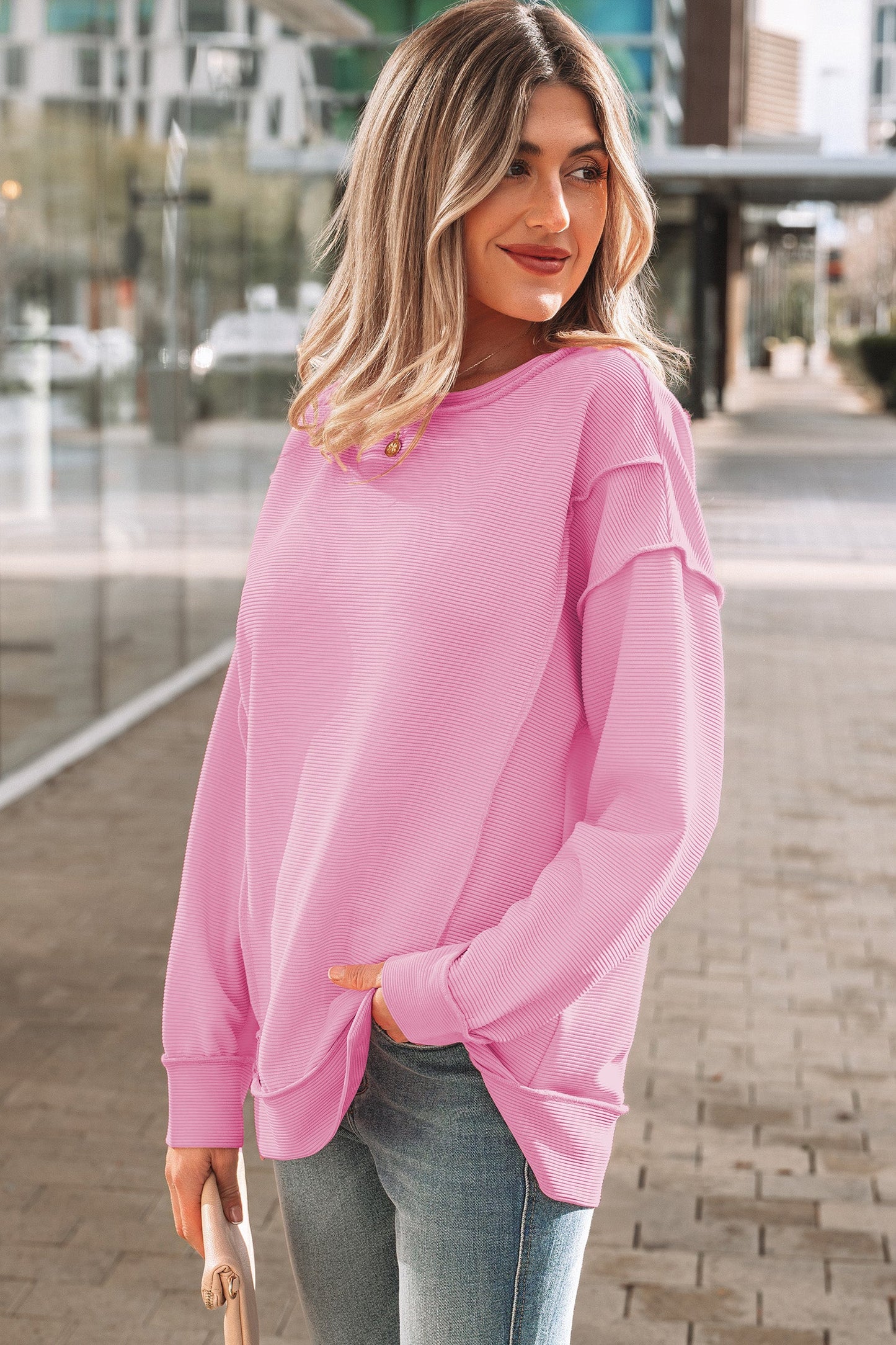 Ribbed Exposed Seam Drop Shoulder Pullover