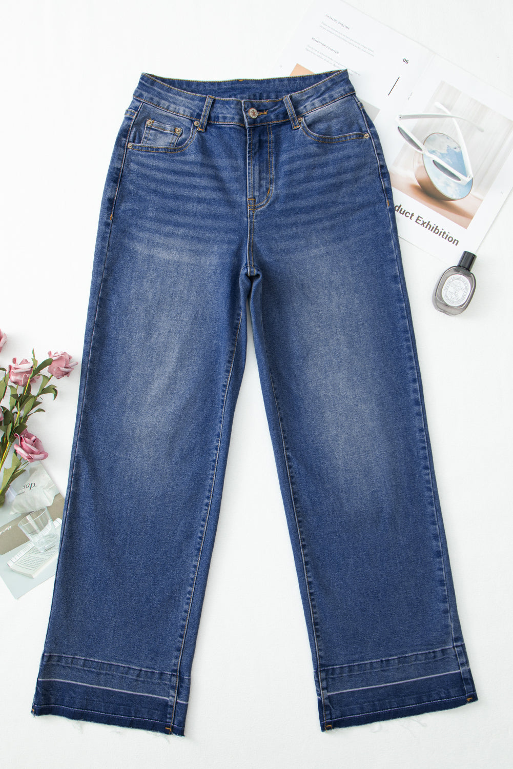 Denim Raw Hem Straight Leg Jeans