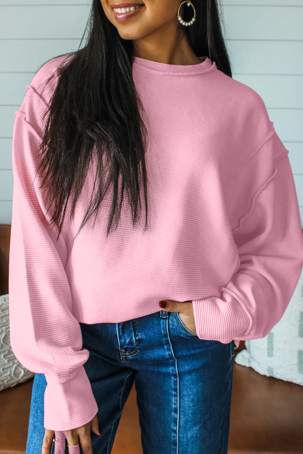 Ribbed Exposed Seam Drop Shoulder Pullover