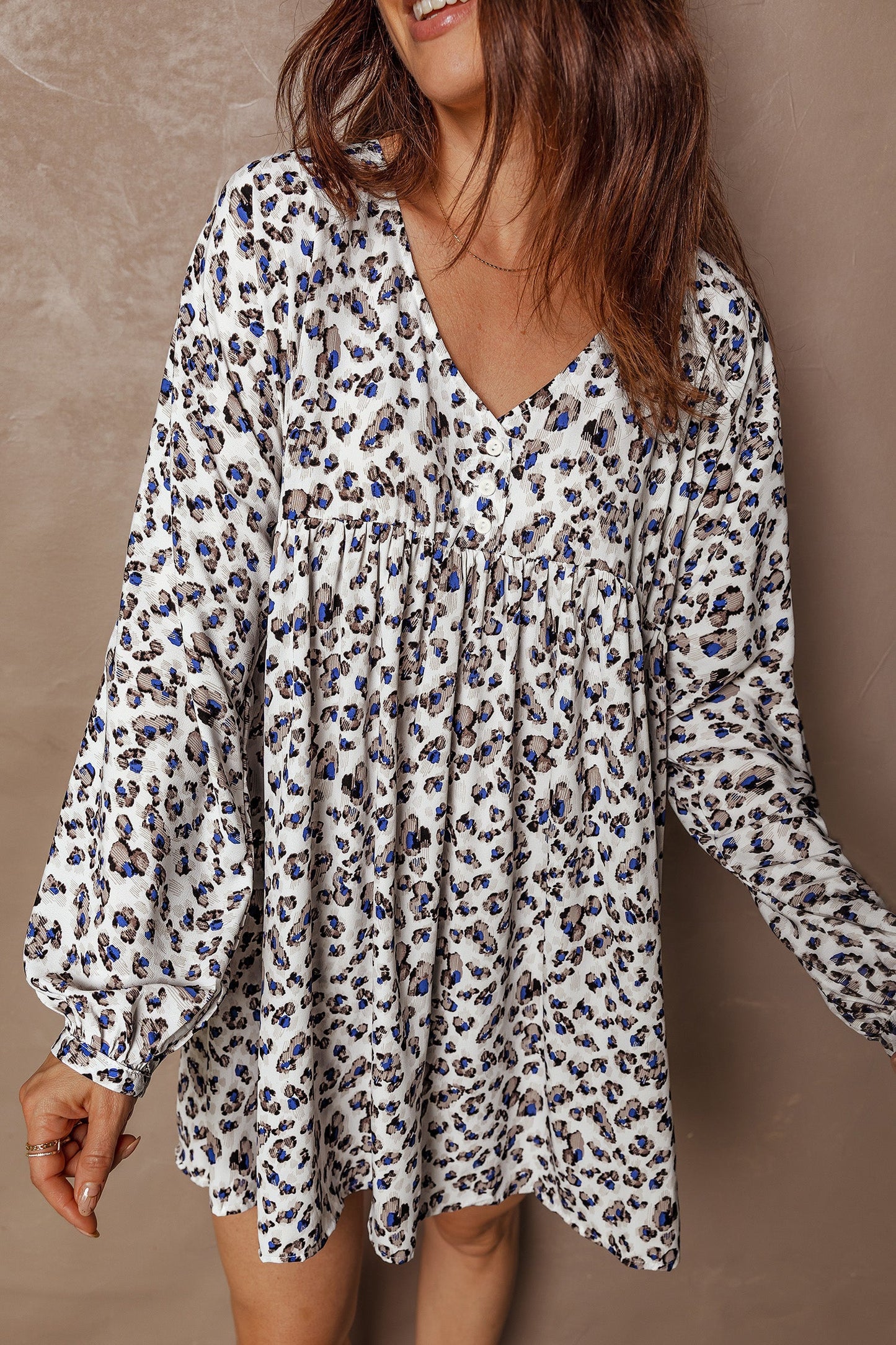 Leopard Buttoned V-Neck Long Sleeve Mini Dress