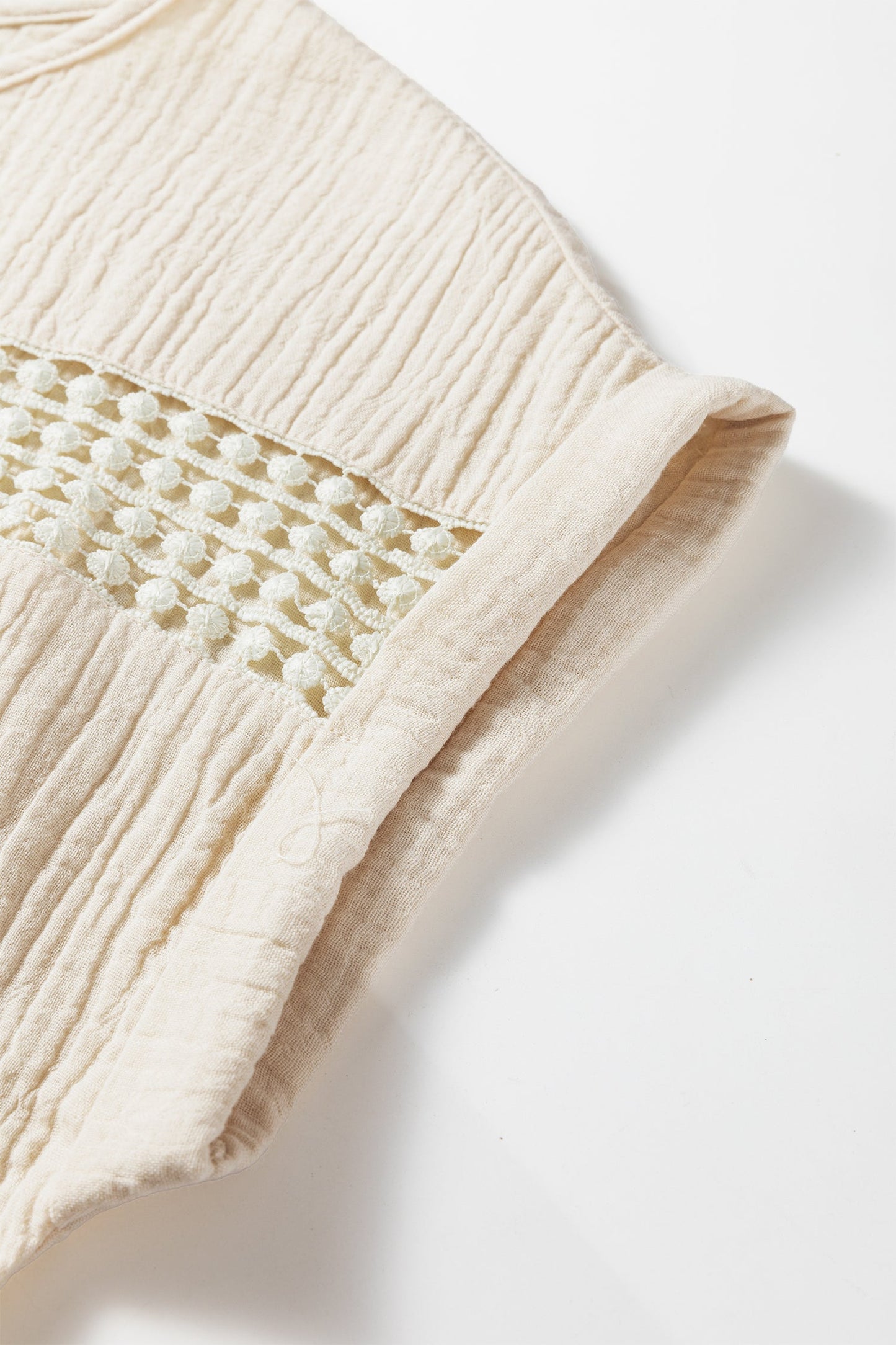 Crochet Insert Crinkle Gauze Short Sleeve Blouse