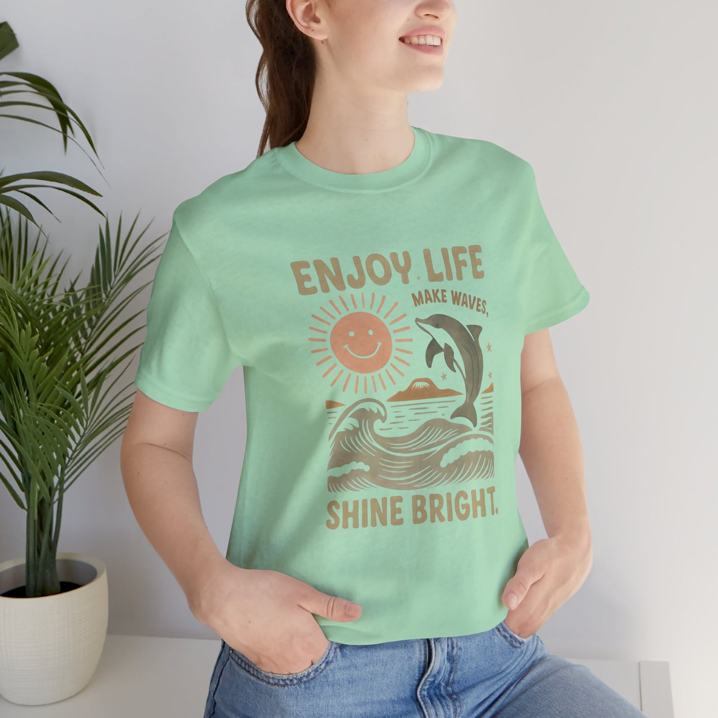 Enjoy Life Short Sleeve Tee - Retro Beach Vibes, Summer Style, Perfect Gift, Casual Wear, Dolphin Design, Fun Shirt