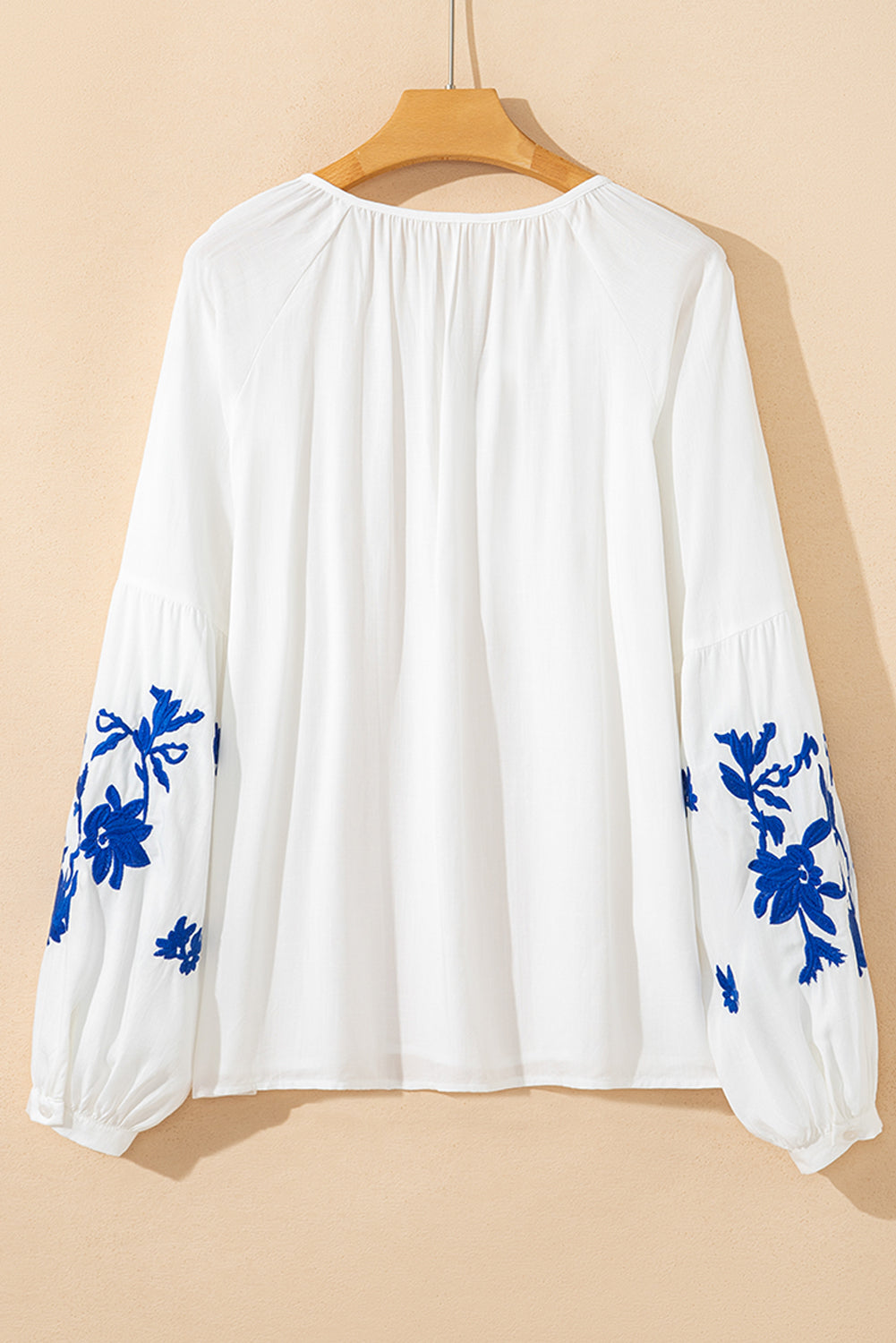 Floral Embroidered Drawstring V-Neck Blouse