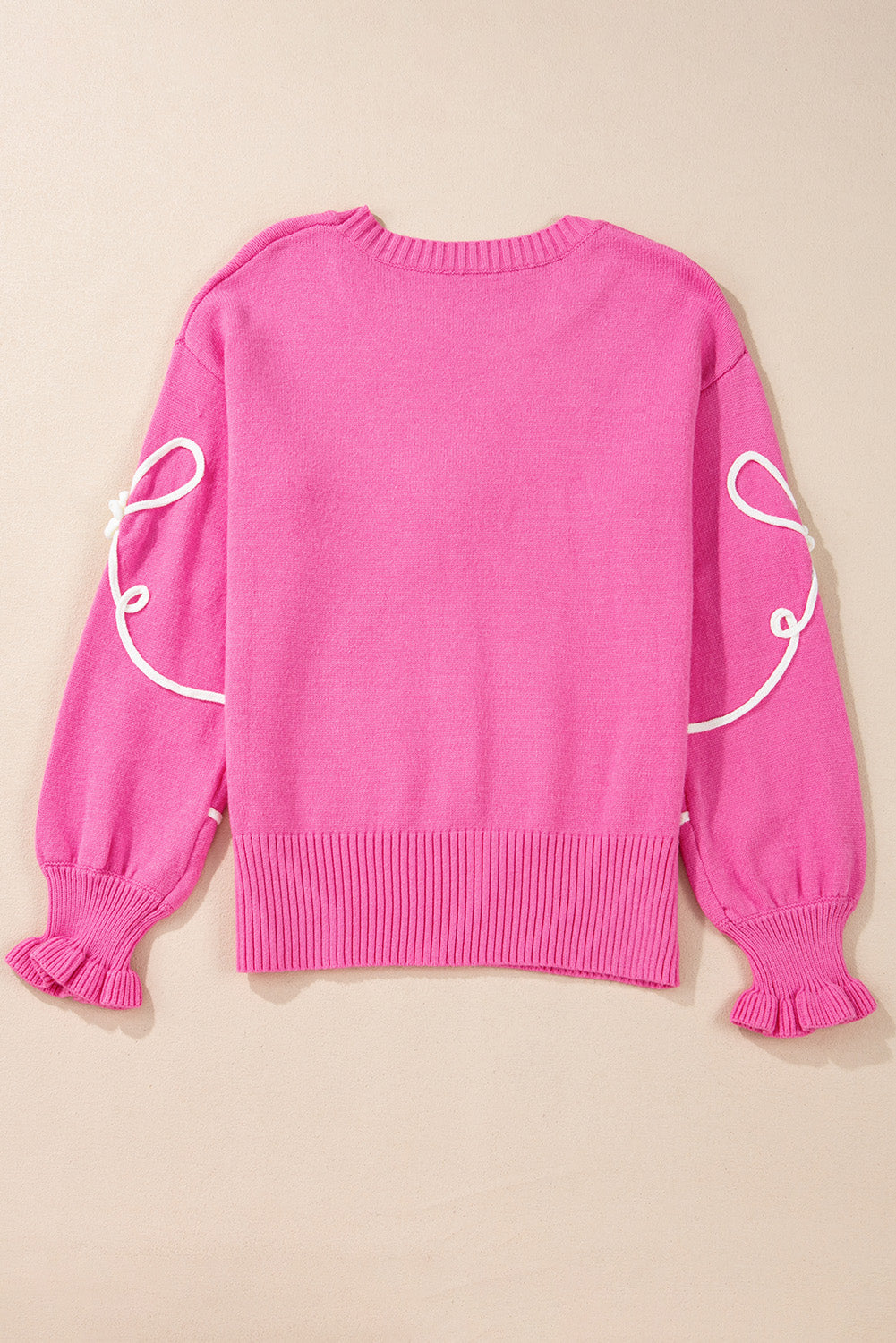Bow Tie Corded Embroidery Ruffle Cuff Sweater