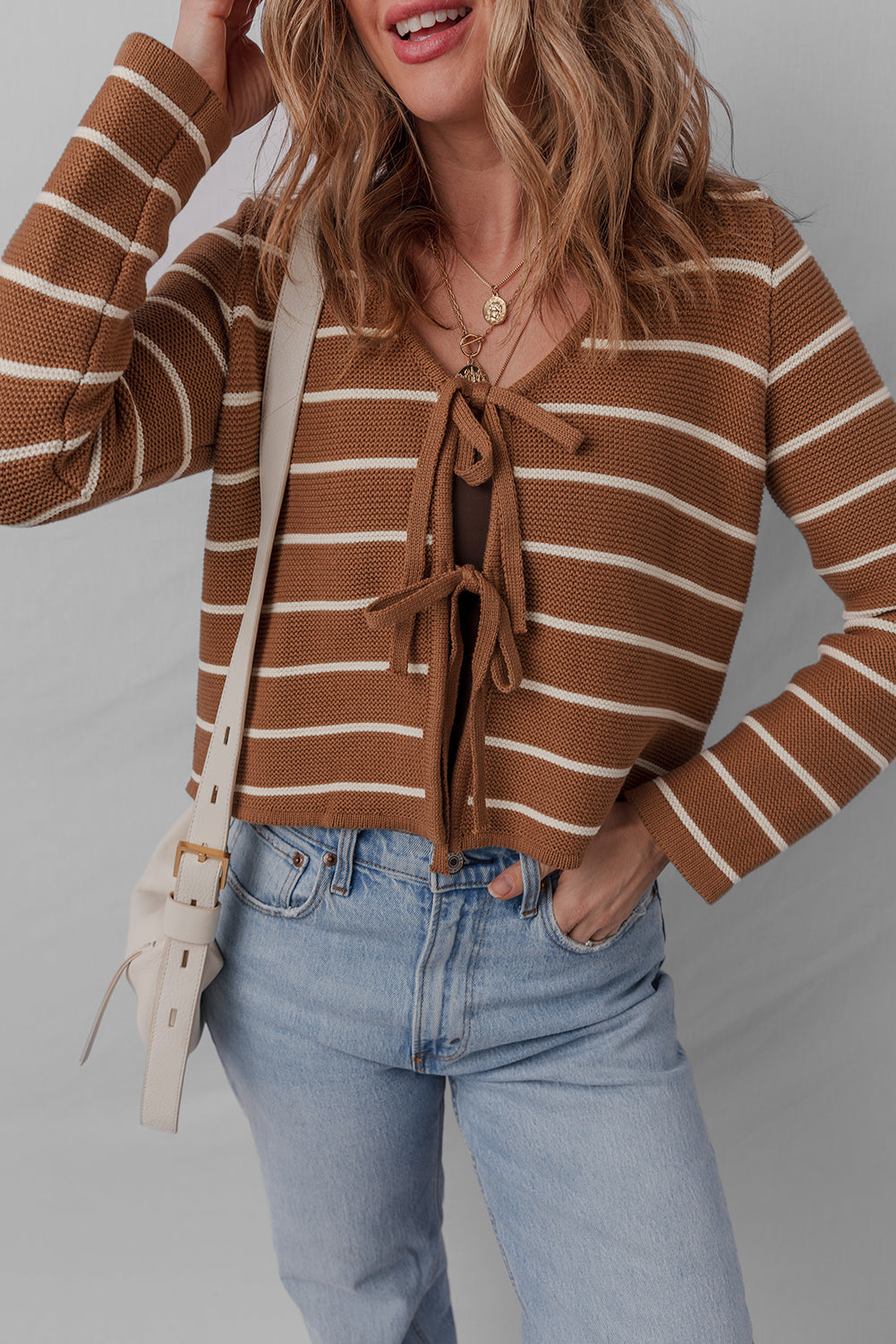 Stripe Tie-Front V-Neck Cardigan Sweater