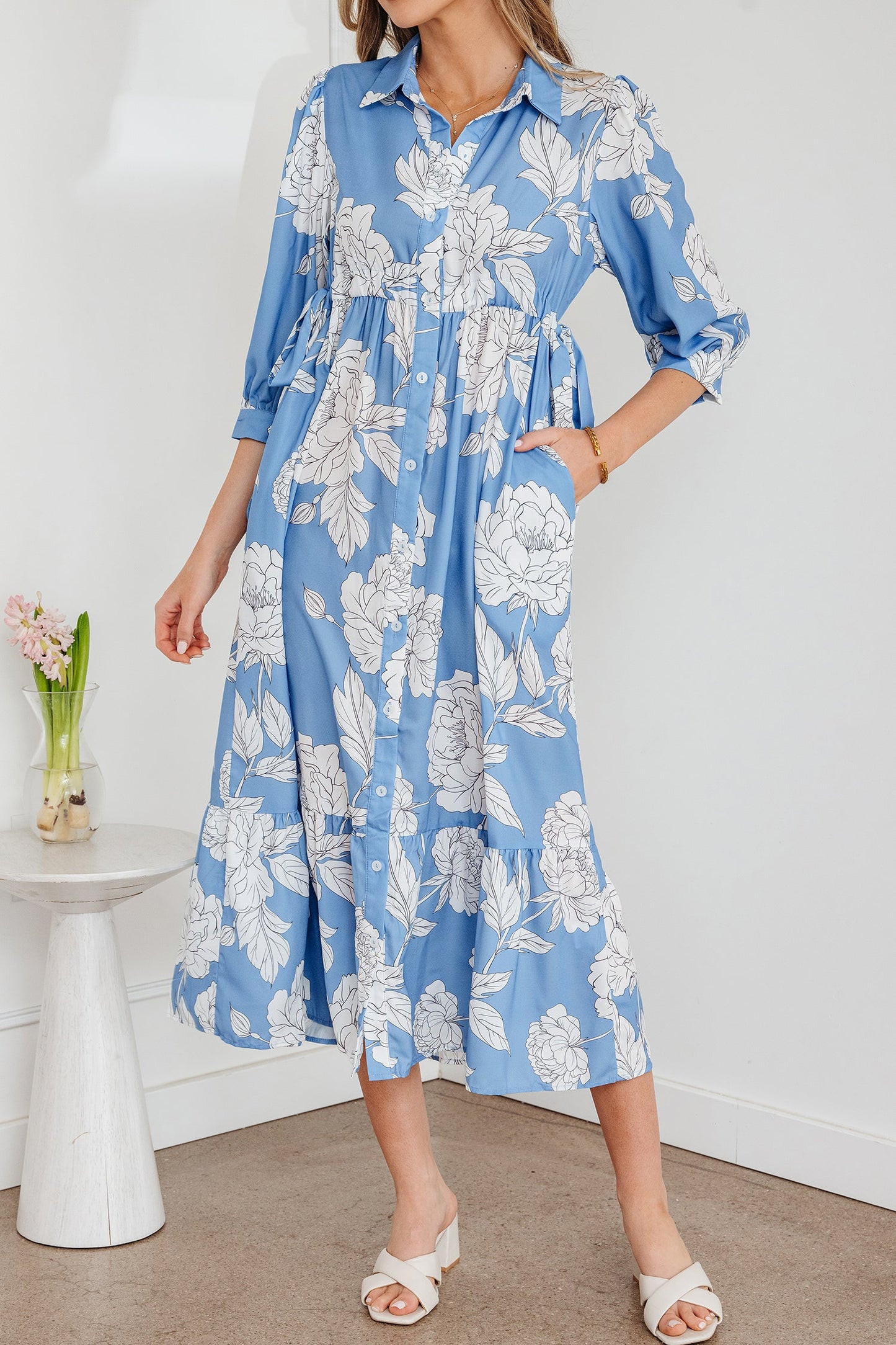 Floral Button-Front 3/4 Sleeve Ruffle Hem Dress