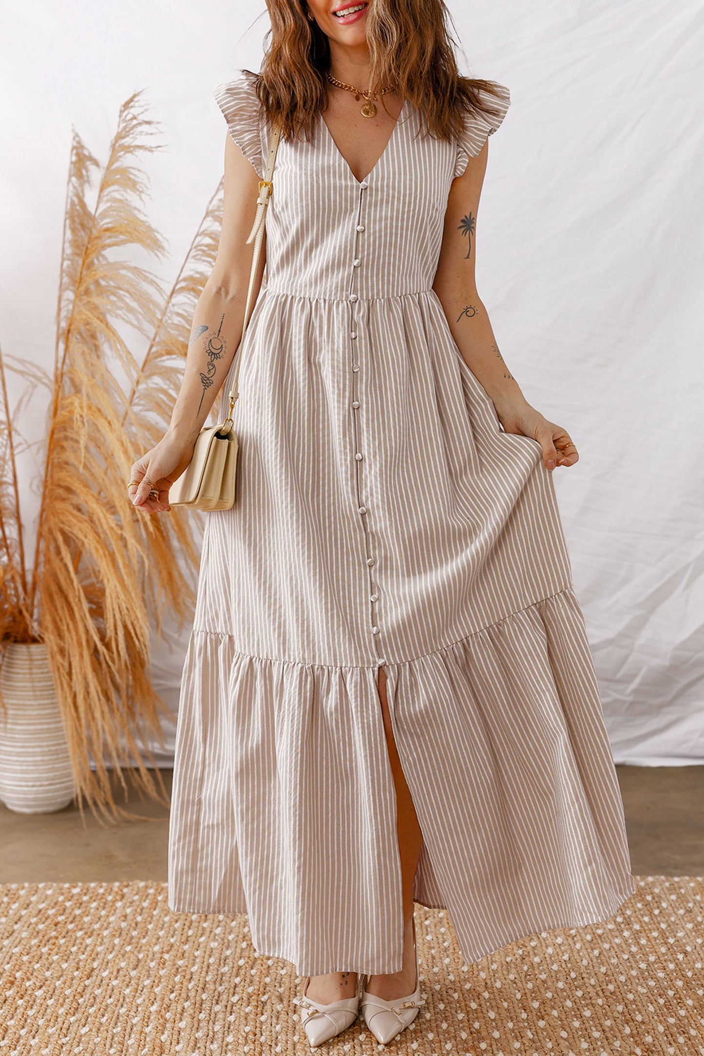 Stripe Flutter Sleeve Buttoned V-Neck Maxi Dress