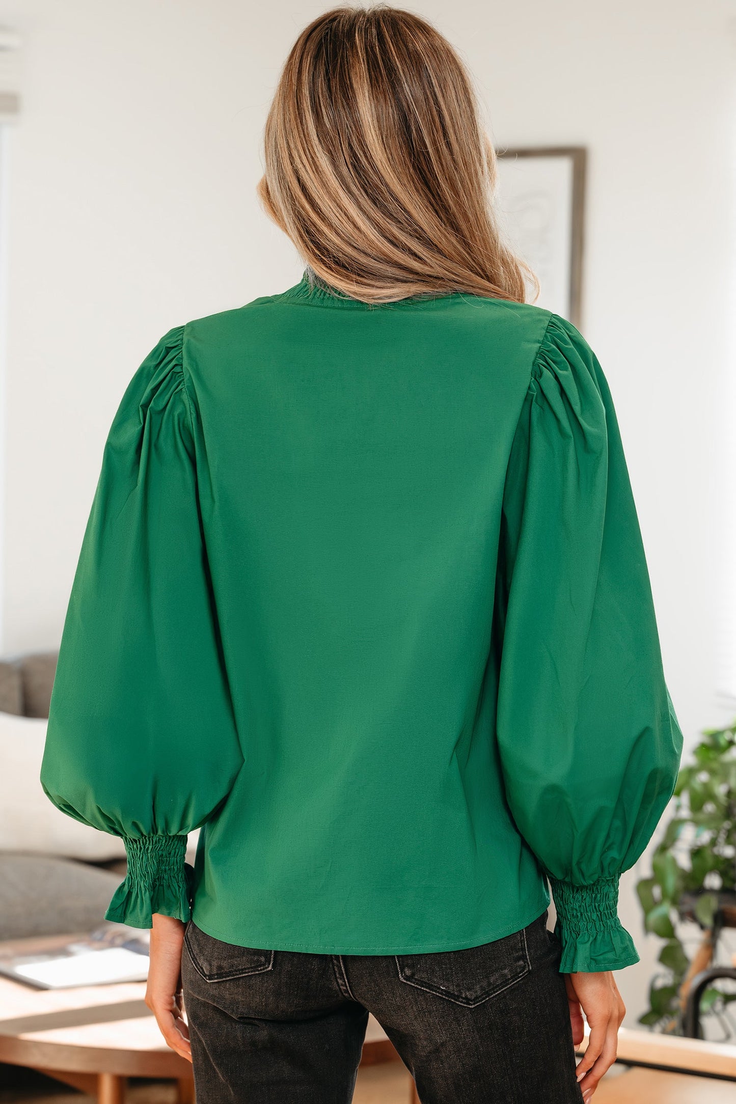 Leopard Trim V-Neck Puffy Flounce Sleeve Blouse