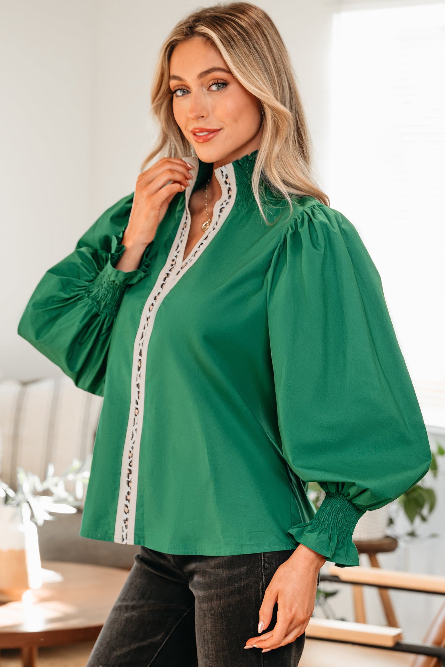 Leopard Trim V-Neck Puffy Flounce Sleeve Blouse