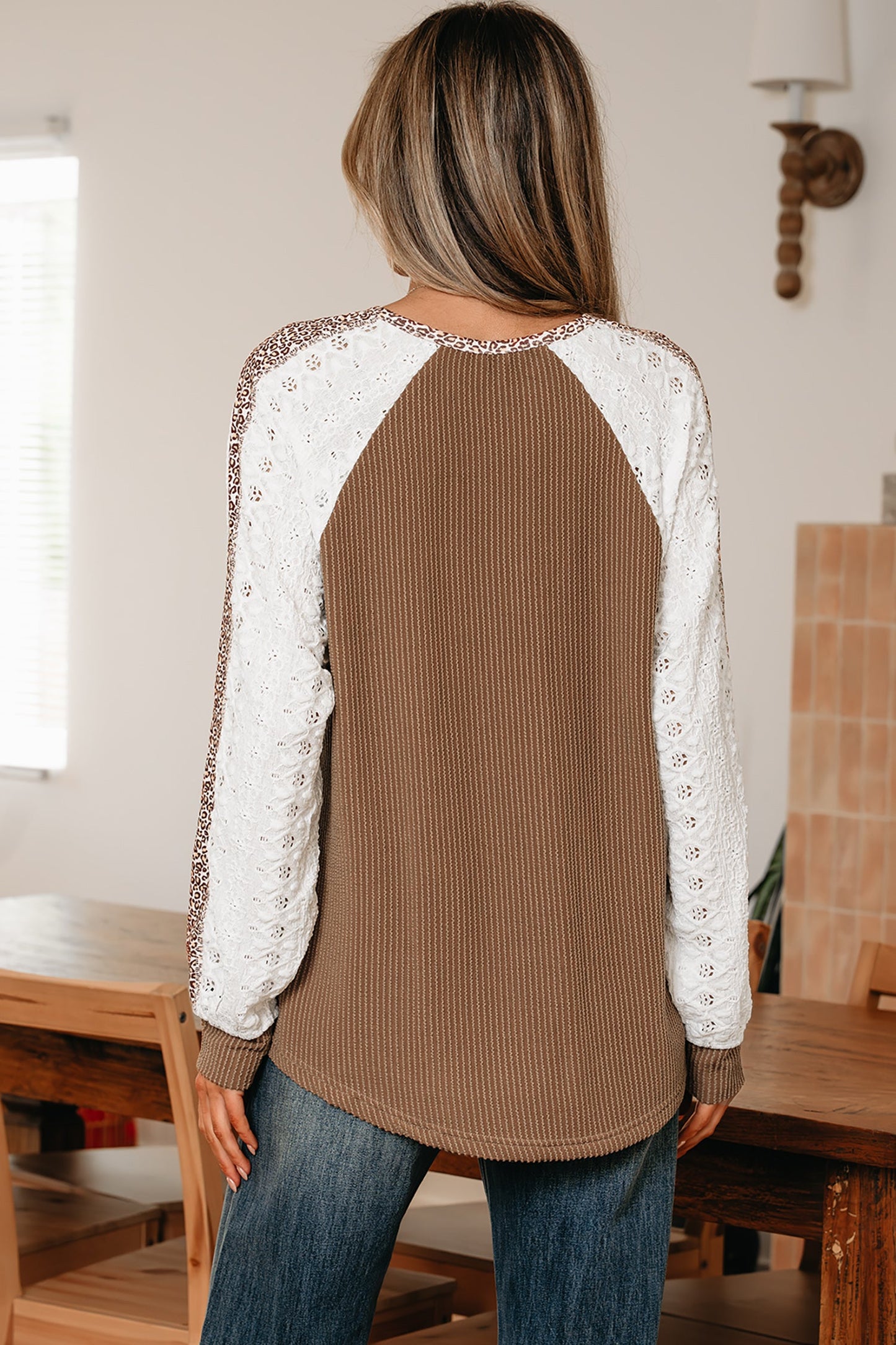 Leopard Corded Lace Patchwork Long Sleeve Top