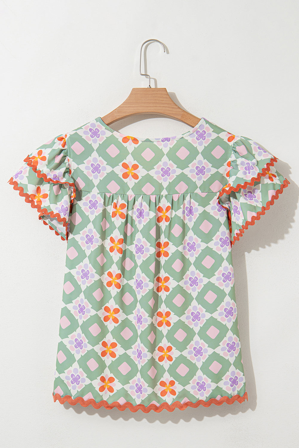 Geometric Floral V-Neck Layered Flutter Sleeve Blouse