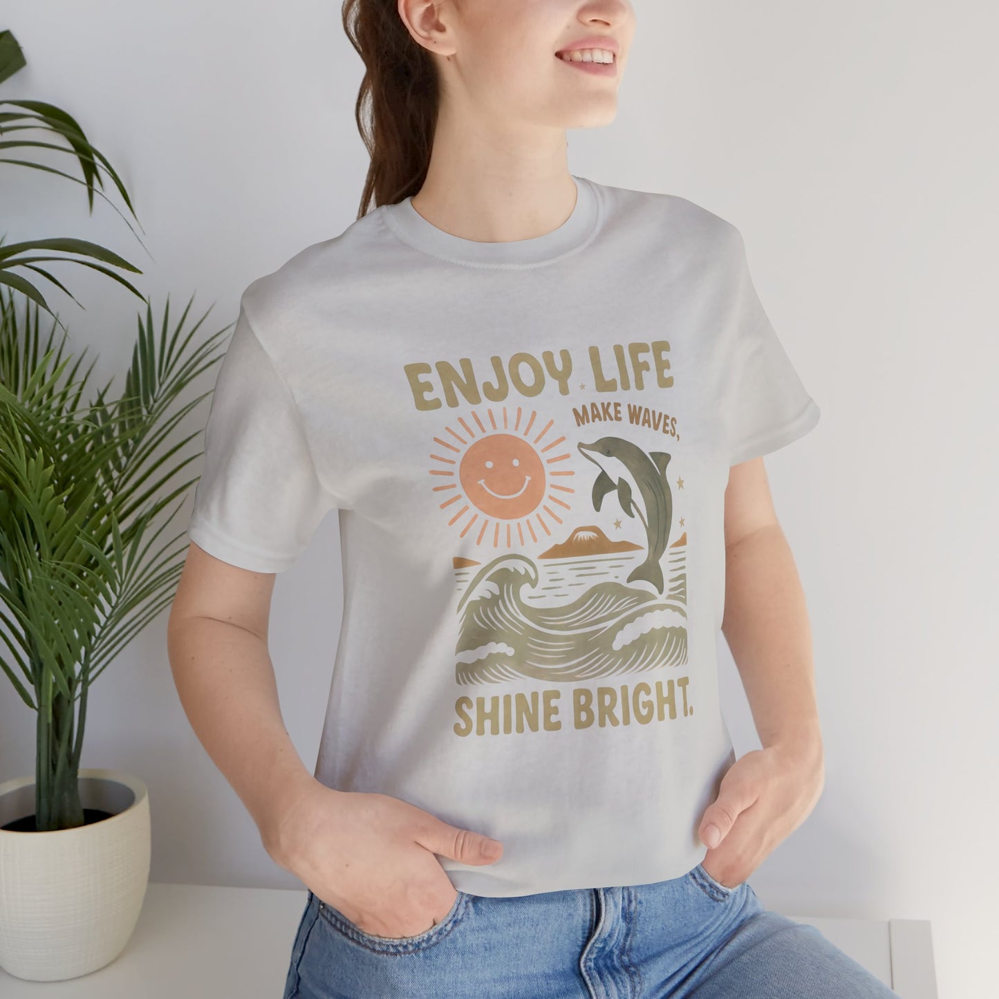 Enjoy Life Short Sleeve Tee - Retro Beach Vibes, Summer Style, Perfect Gift, Casual Wear, Dolphin Design, Fun Shirt